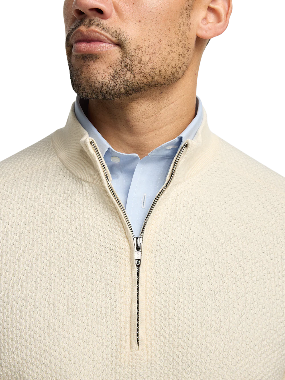 Silk Cotton Cashmere Quarter Zip Mock Neck Sweater - Ivory - Image 3