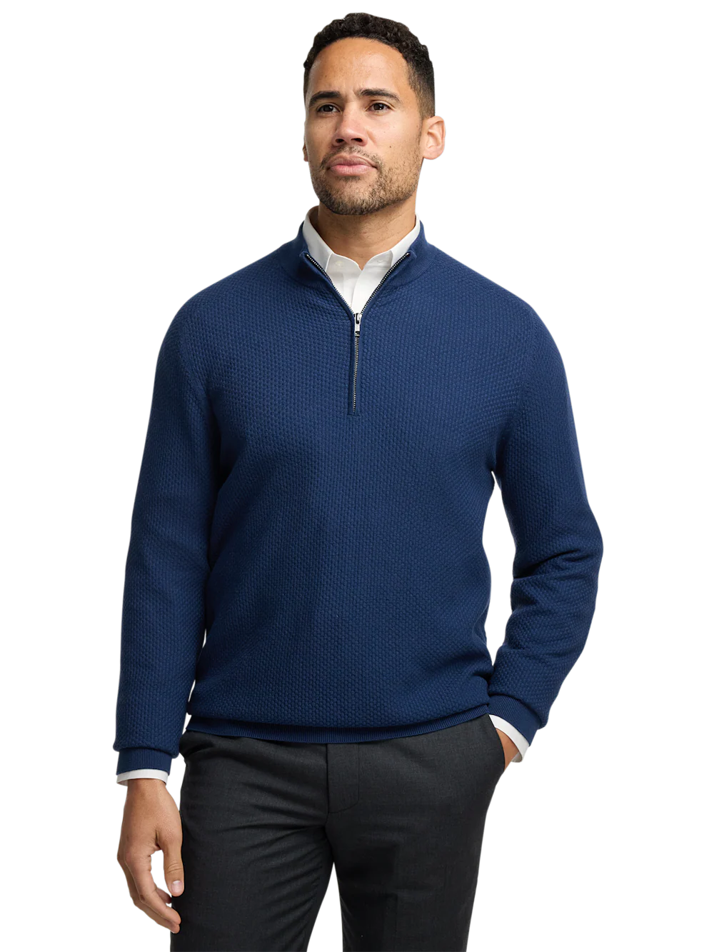 Silk Cotton Cashmere Quarter Zip Mock Neck Sweater - Navy - Image 2