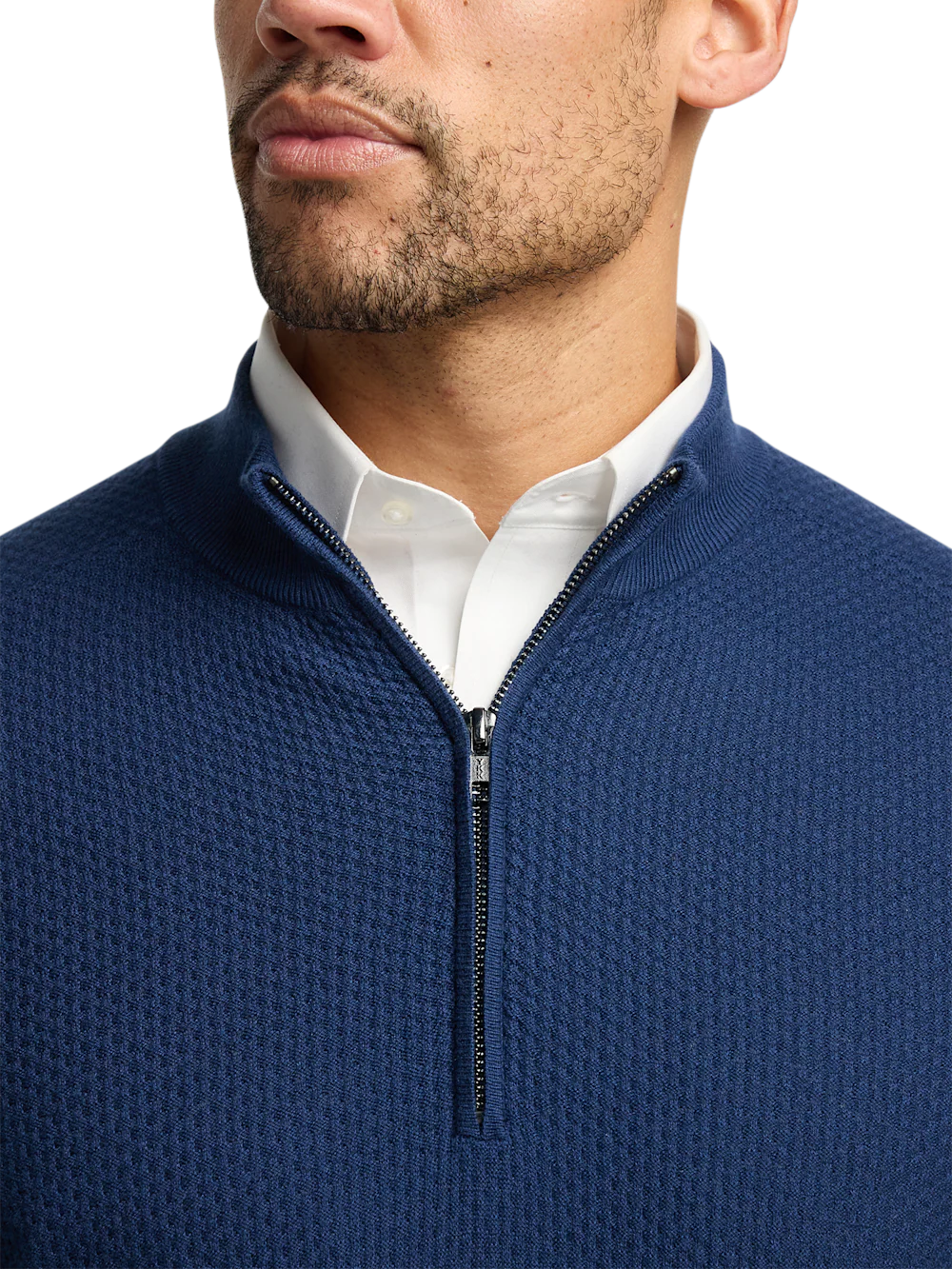 Silk Cotton Cashmere Quarter Zip Mock Neck Sweater - Navy - Image 3