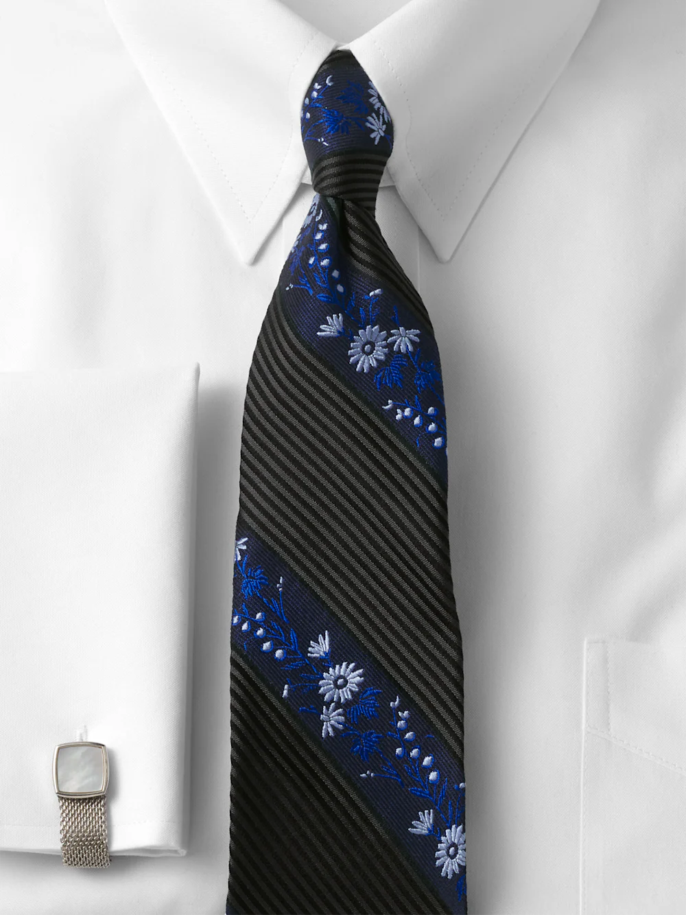 Stripe/Floral Woven Silk Tie - Black/blue - Image 2