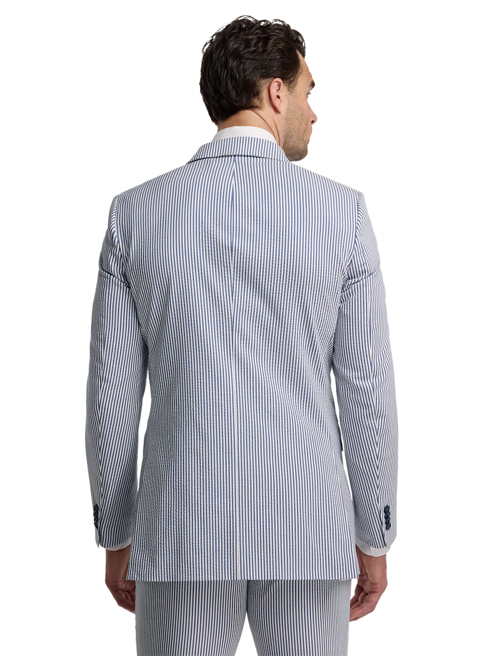 Stripe Seersucker Double Breasted Peak Lapel Suit Jacket - Navy/white - Image 7