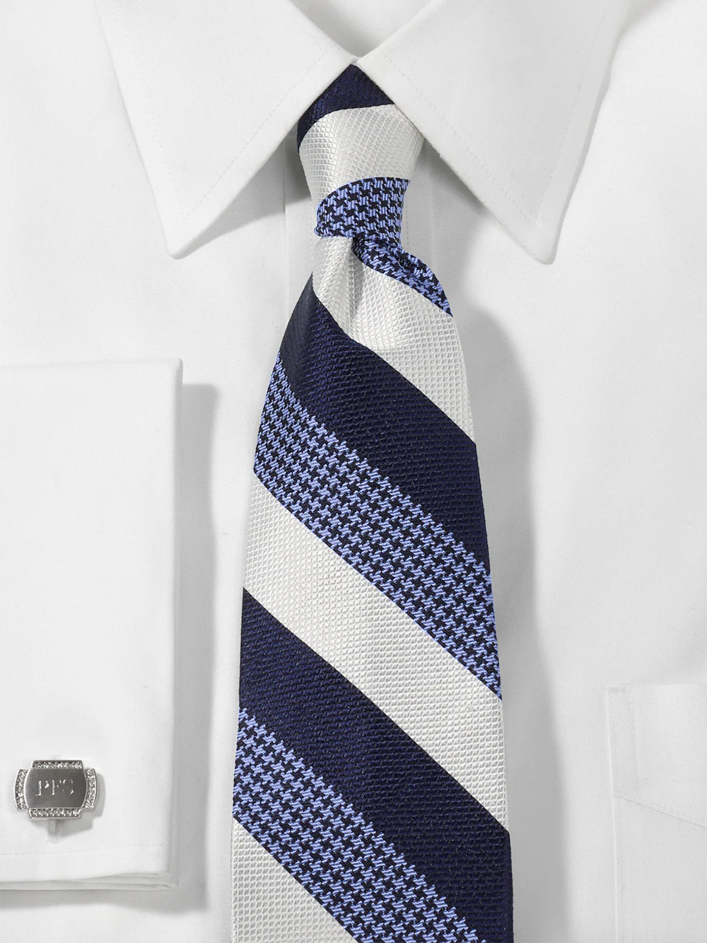 Stripe Woven Silk Tie - Navy/white - Image 2