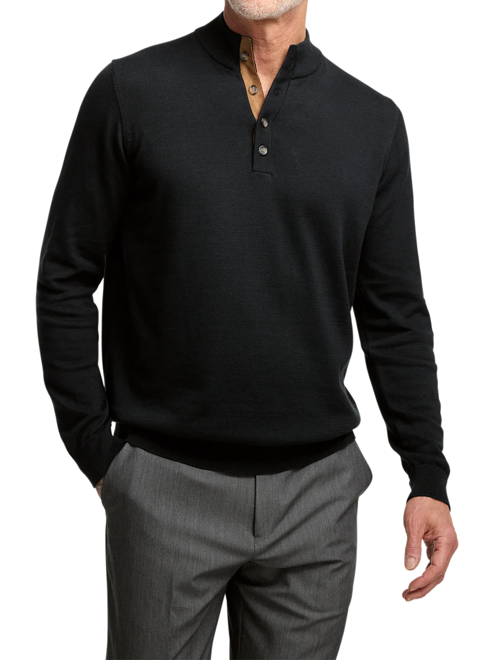 Supima Cotton Four Button Mock Neck Sweater - Black - Image 2