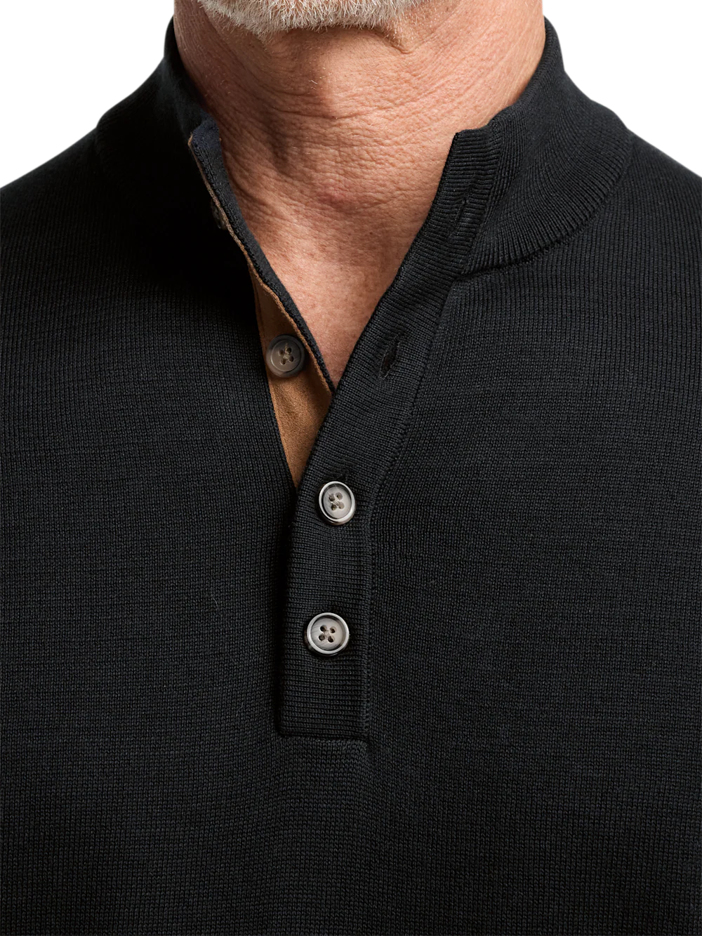 Supima Cotton Four Button Mock Neck Sweater - Black - Image 3