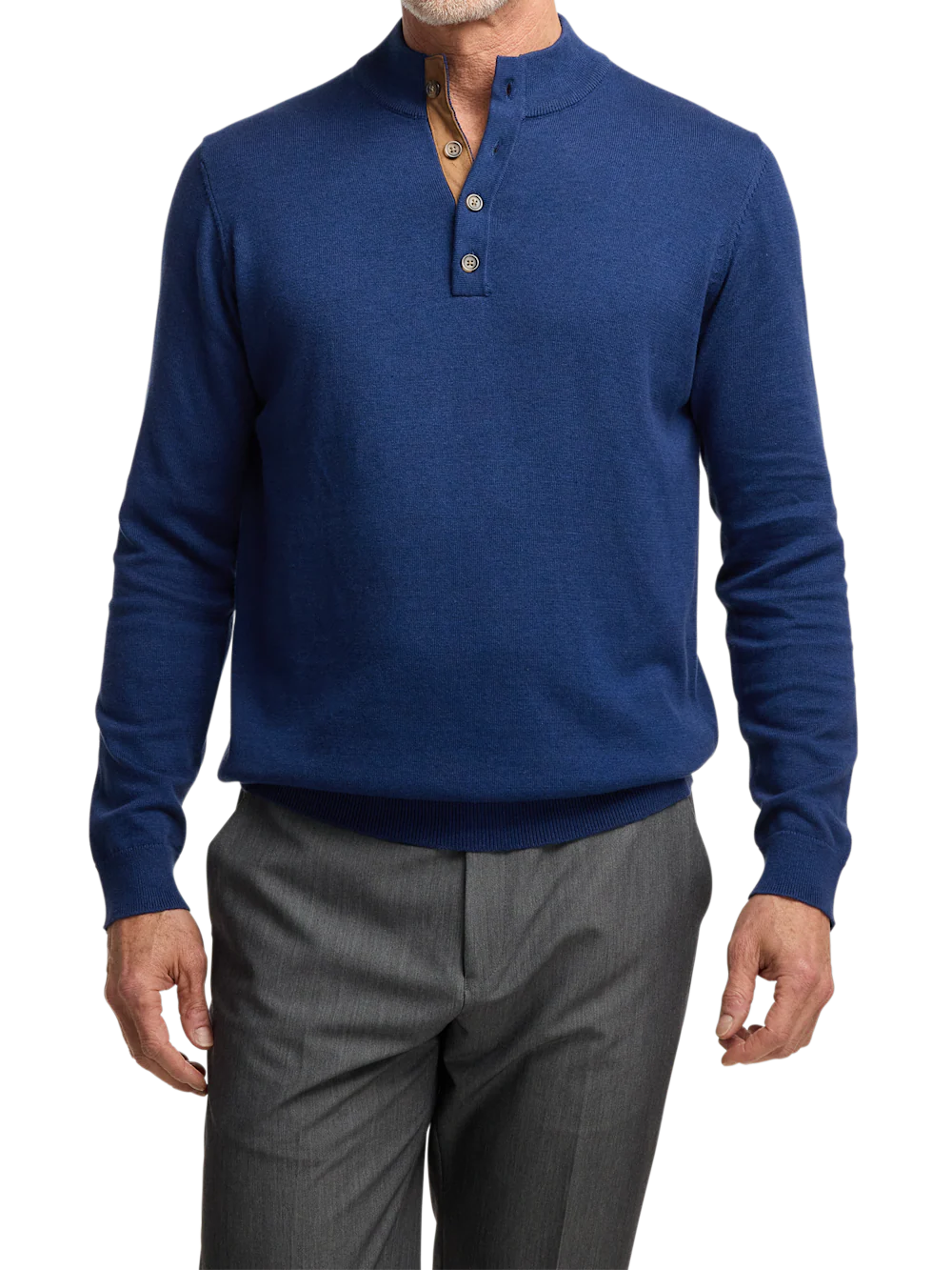 Supima Cotton Four Button Mock Neck Sweater - Dark Blue - Image 2