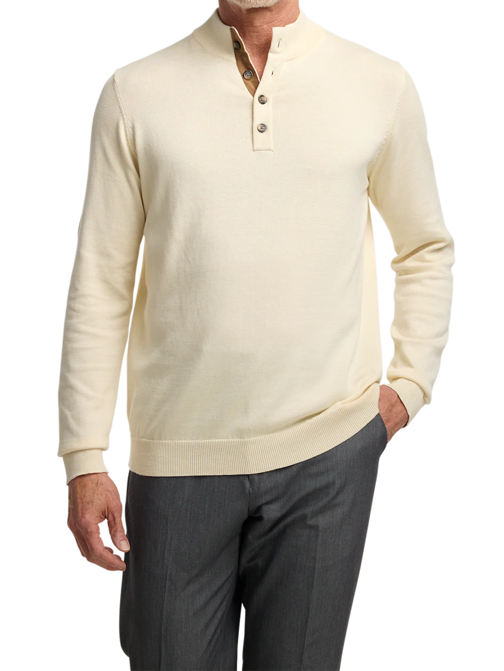 Supima Cotton Four Button Mock Neck Sweater - Ivory - Image 2