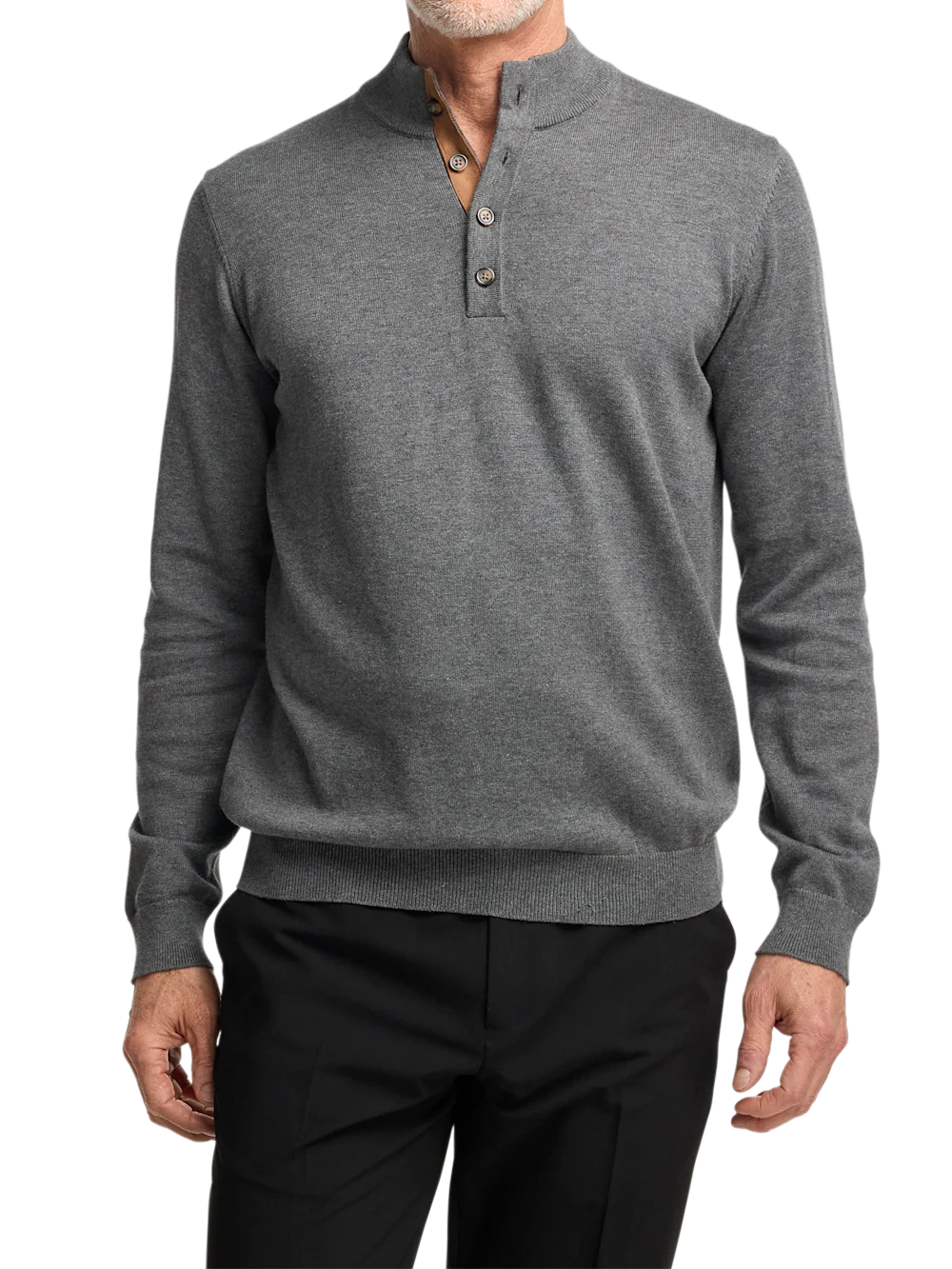 Supima Cotton Four Button Mock Neck Sweater - Medium Grey - Image 2