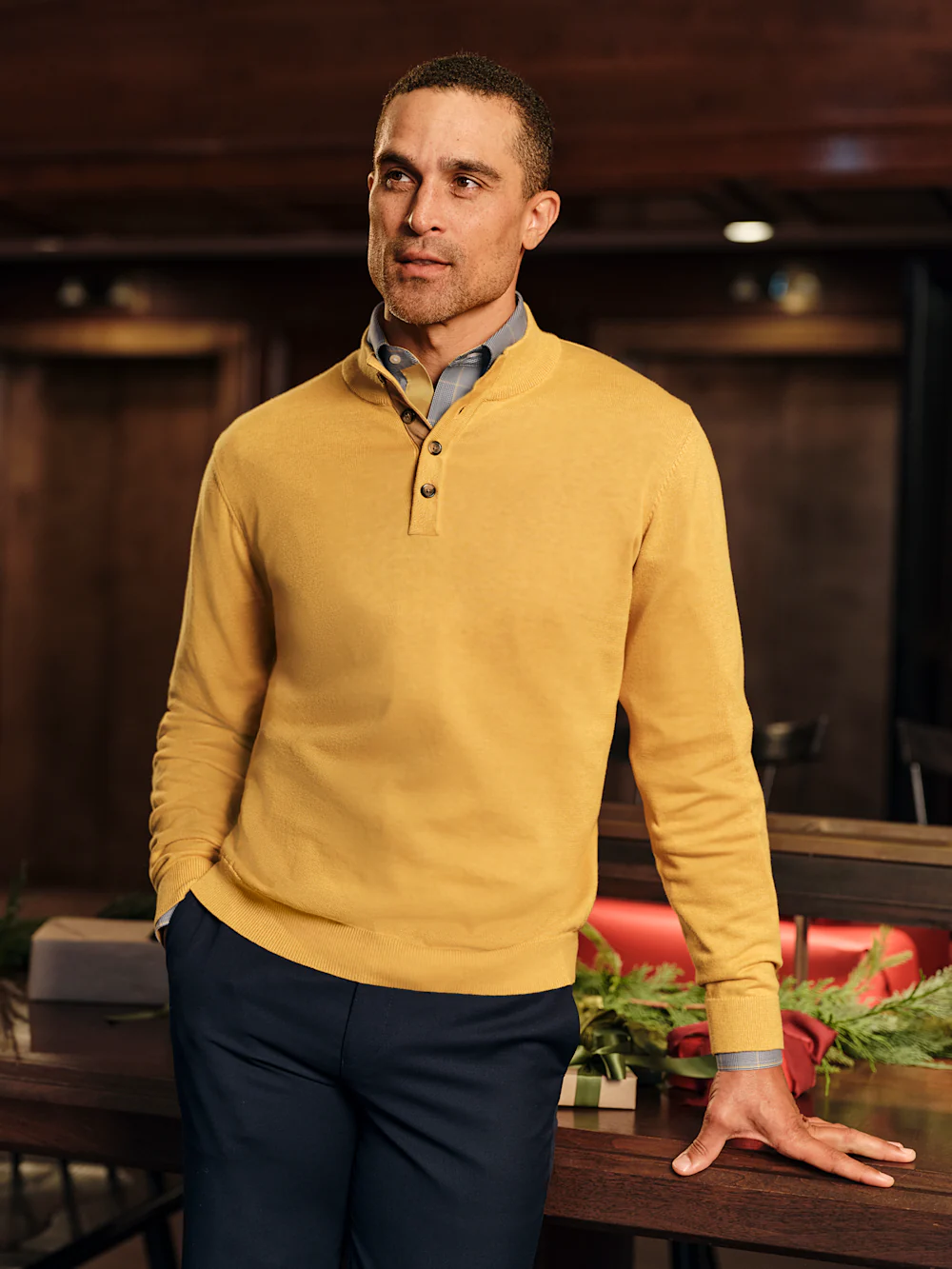 Supima Cotton Four Button Mock Neck Sweater - Mustard - Image 7