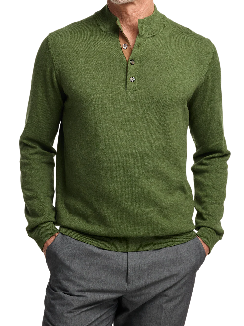 Supima Cotton Four Button Mock Neck Sweater - Olive - Image 2