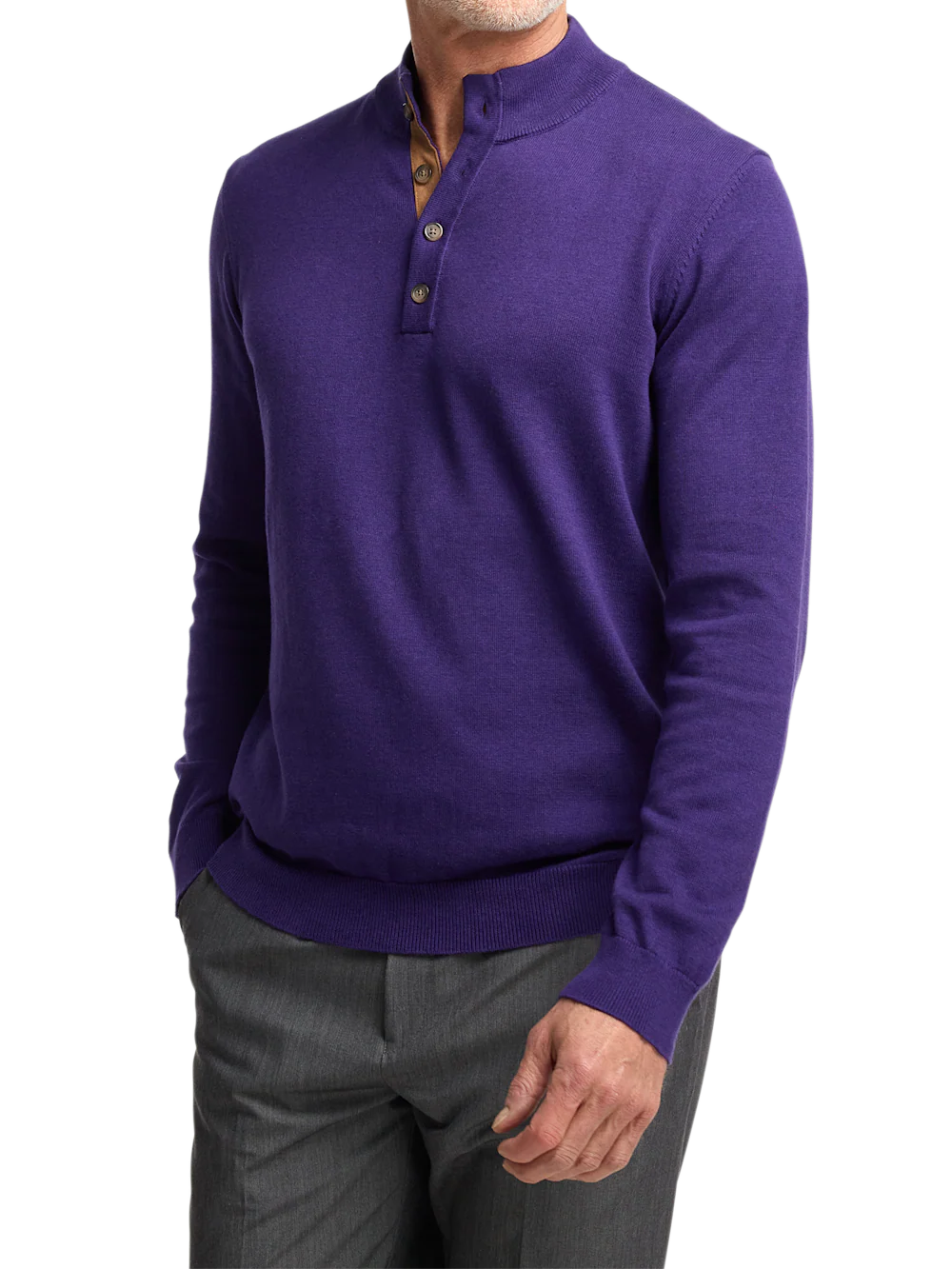 Supima Cotton Four Button Mock Neck Sweater - Plum - Image 2