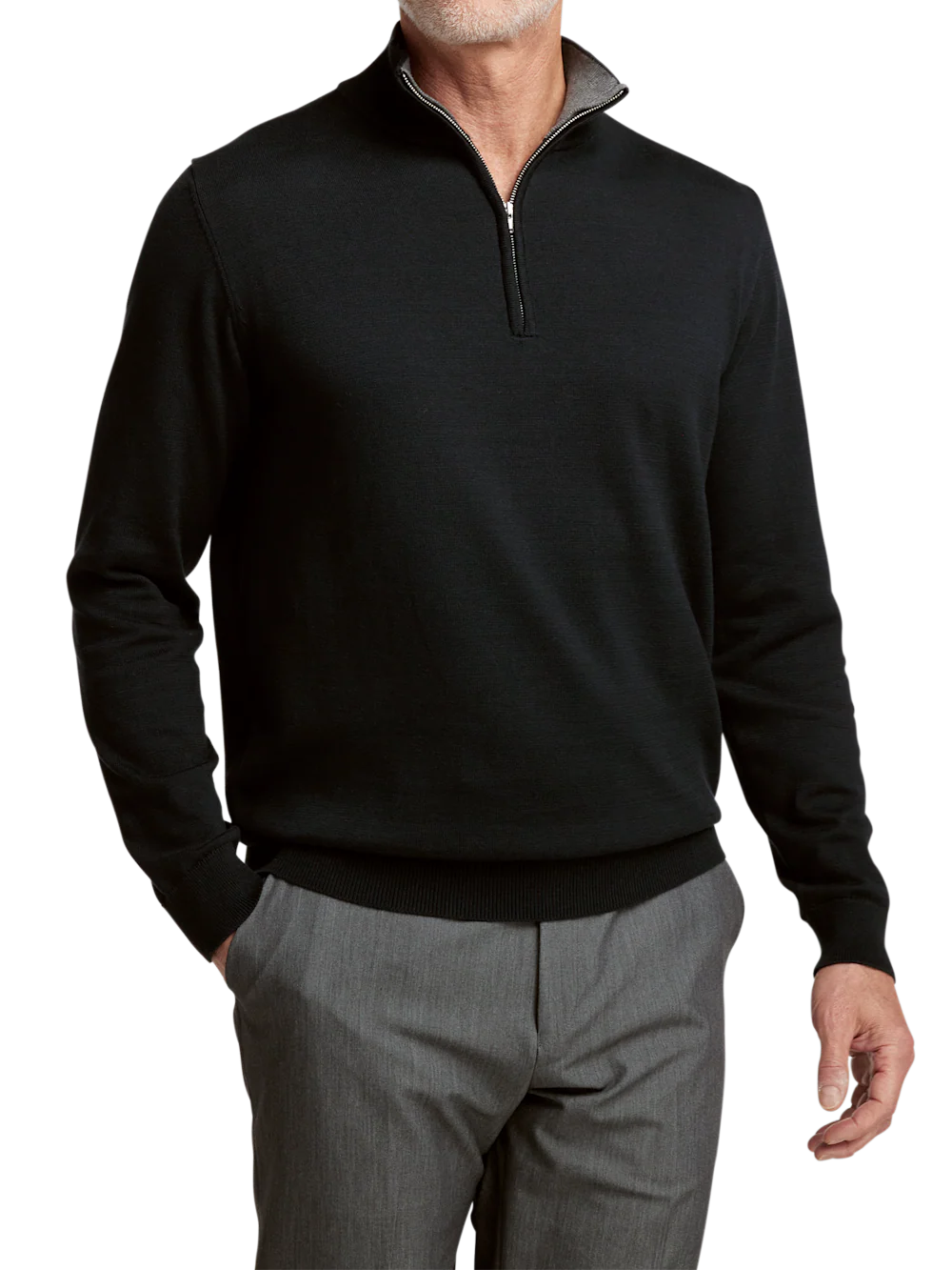Supima Cotton Quarter Zip Mock Neck Sweater - Black - Image 2