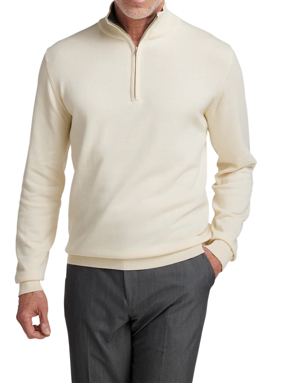 Supima Cotton Quarter Zip Mock Neck Sweater - Ivory - Image 2