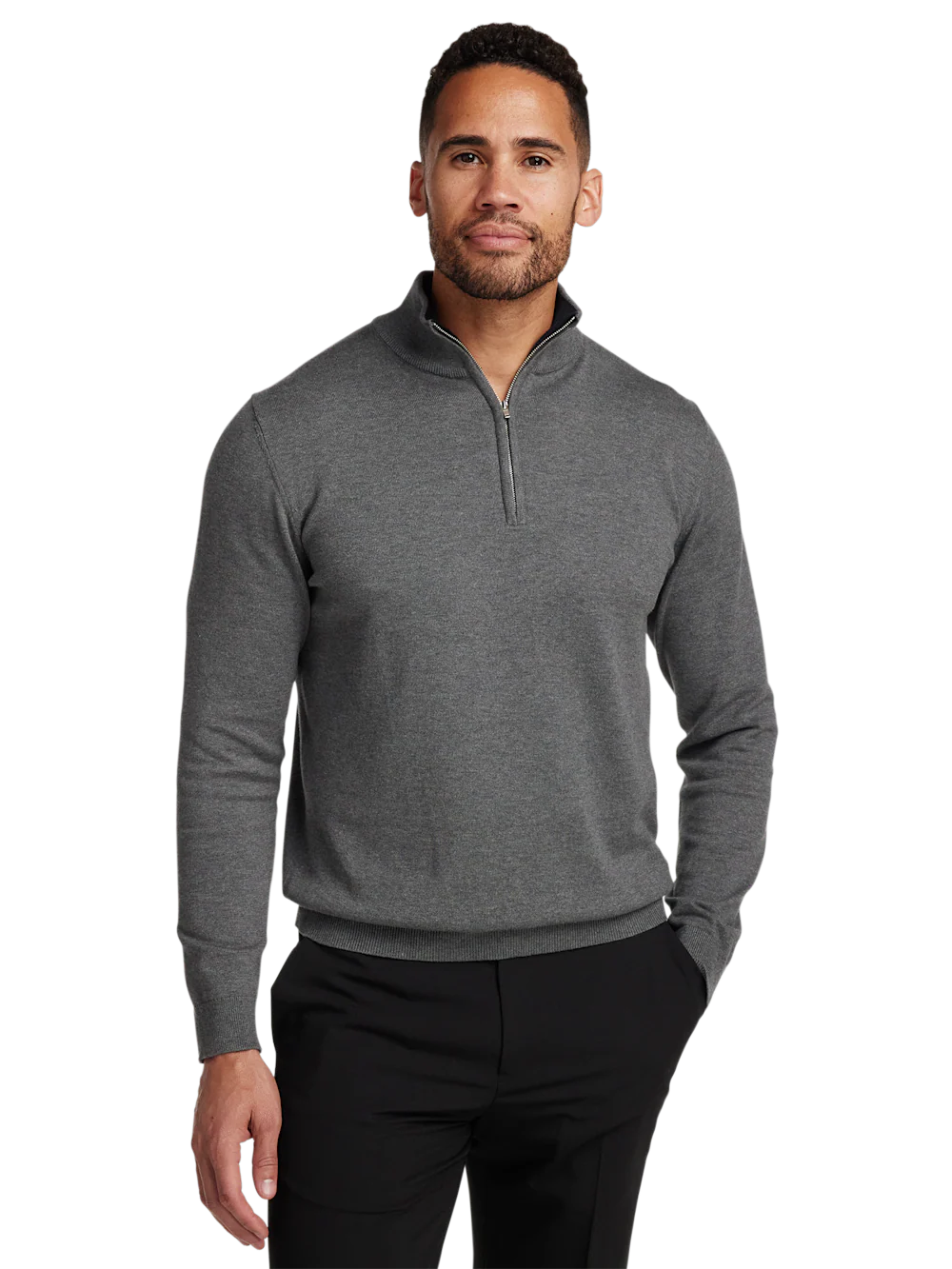 Supima Cotton Quarter Zip Mock Neck Sweater - Medium Grey - Image 2