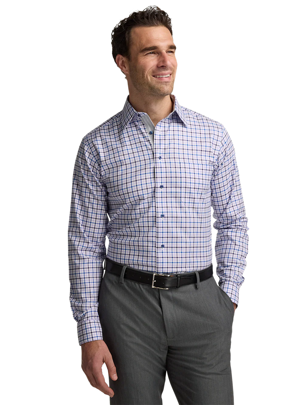 Traveler Cotton Blend Check Dress Shirt With Contrast Trim - Purple - Image 2