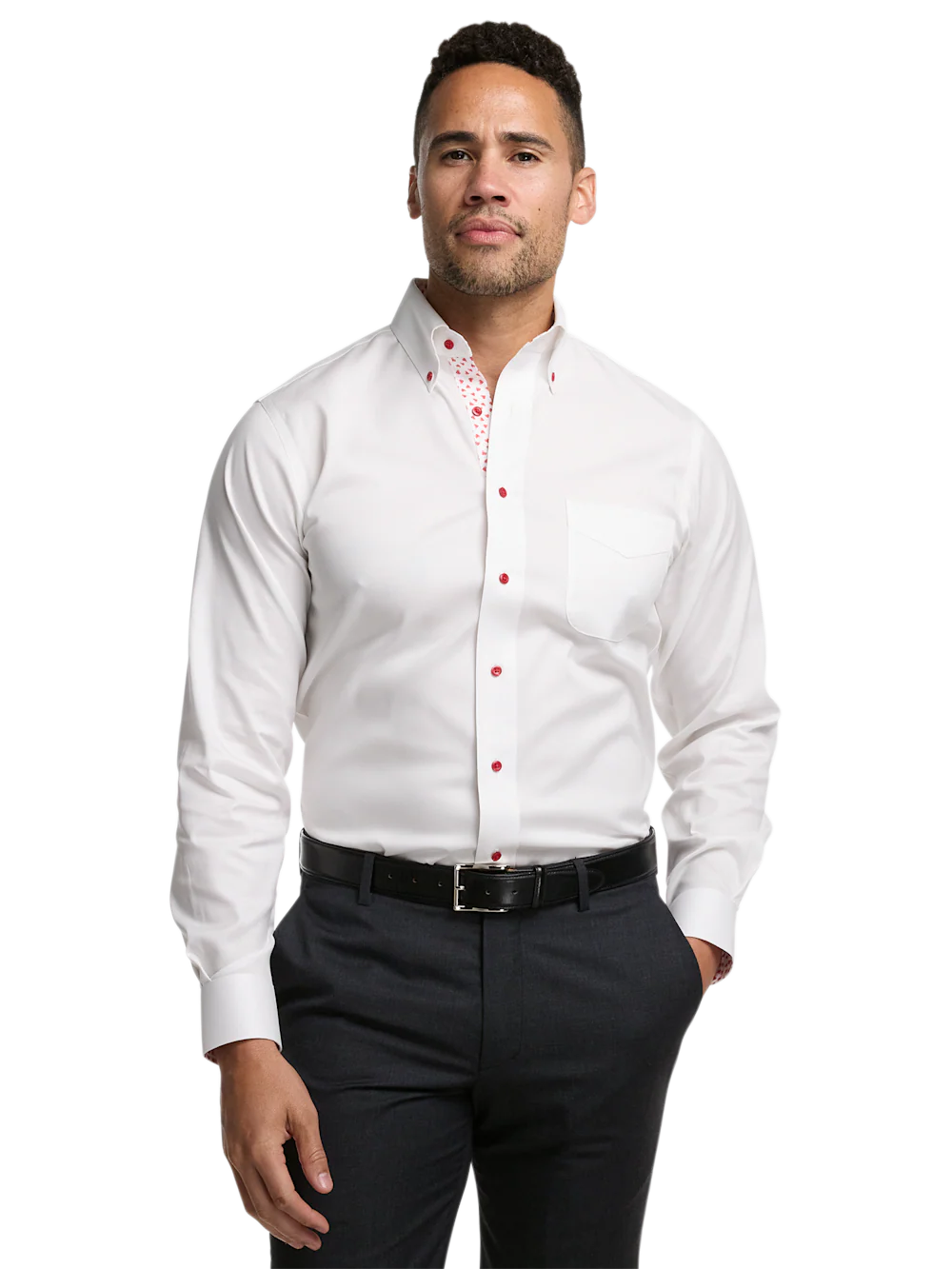 Valentine's Day Comfort Stretch Non-Iron Solid Dress Shirt With Contrast Trim - White - Image 2