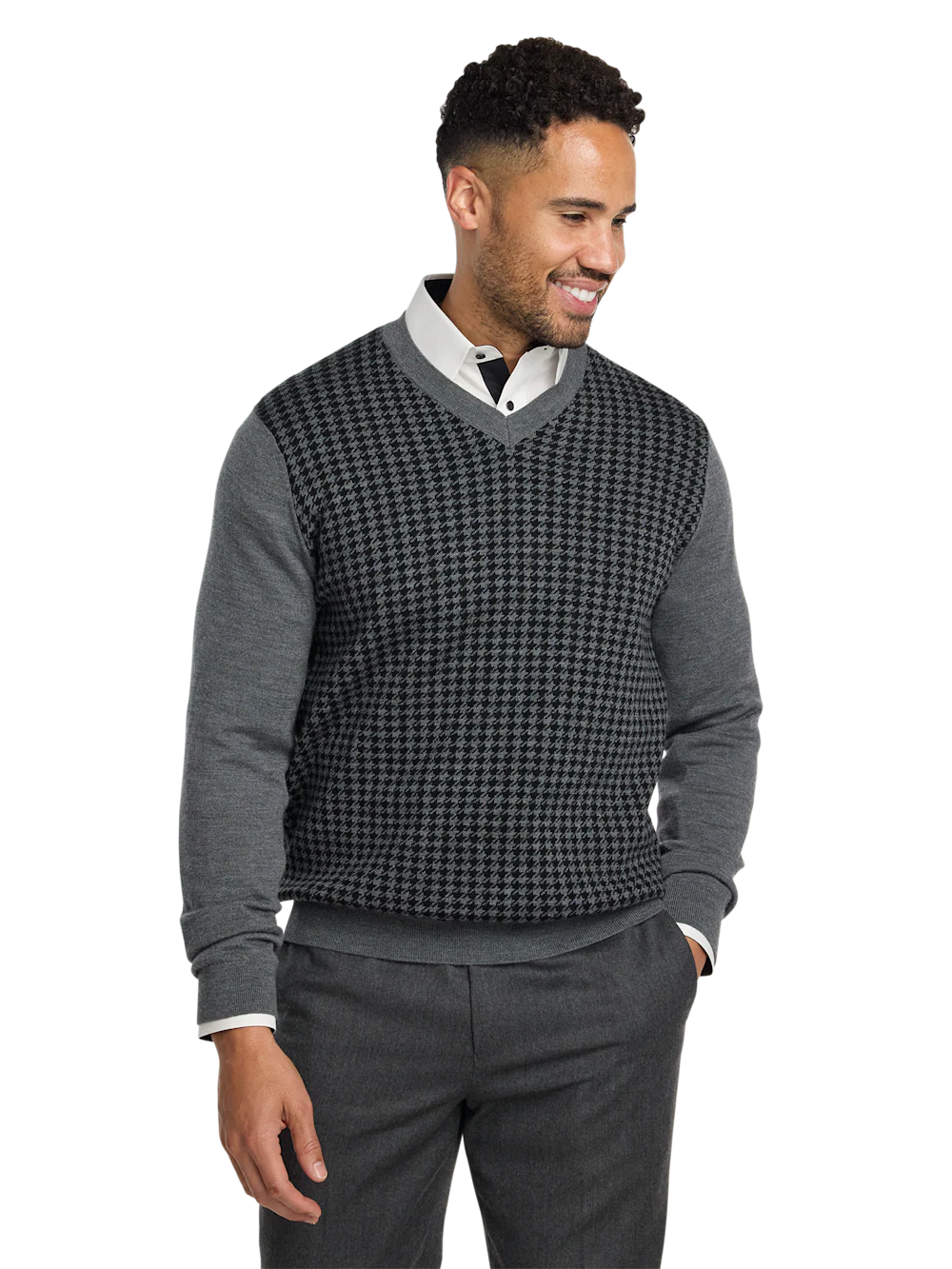 Washable Merino Wool Houndstooth V-neck Sweater - Black/grey - Image 2
