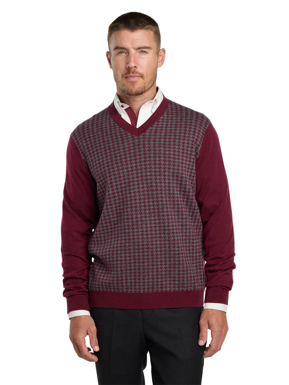 Washable Merino Wool Houndstooth V-neck Sweater - Burgundy - Image 2