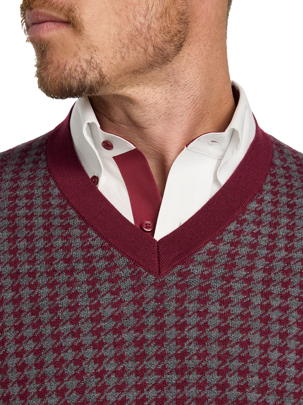 Washable Merino Wool Houndstooth V-neck Sweater - Burgundy - Image 3