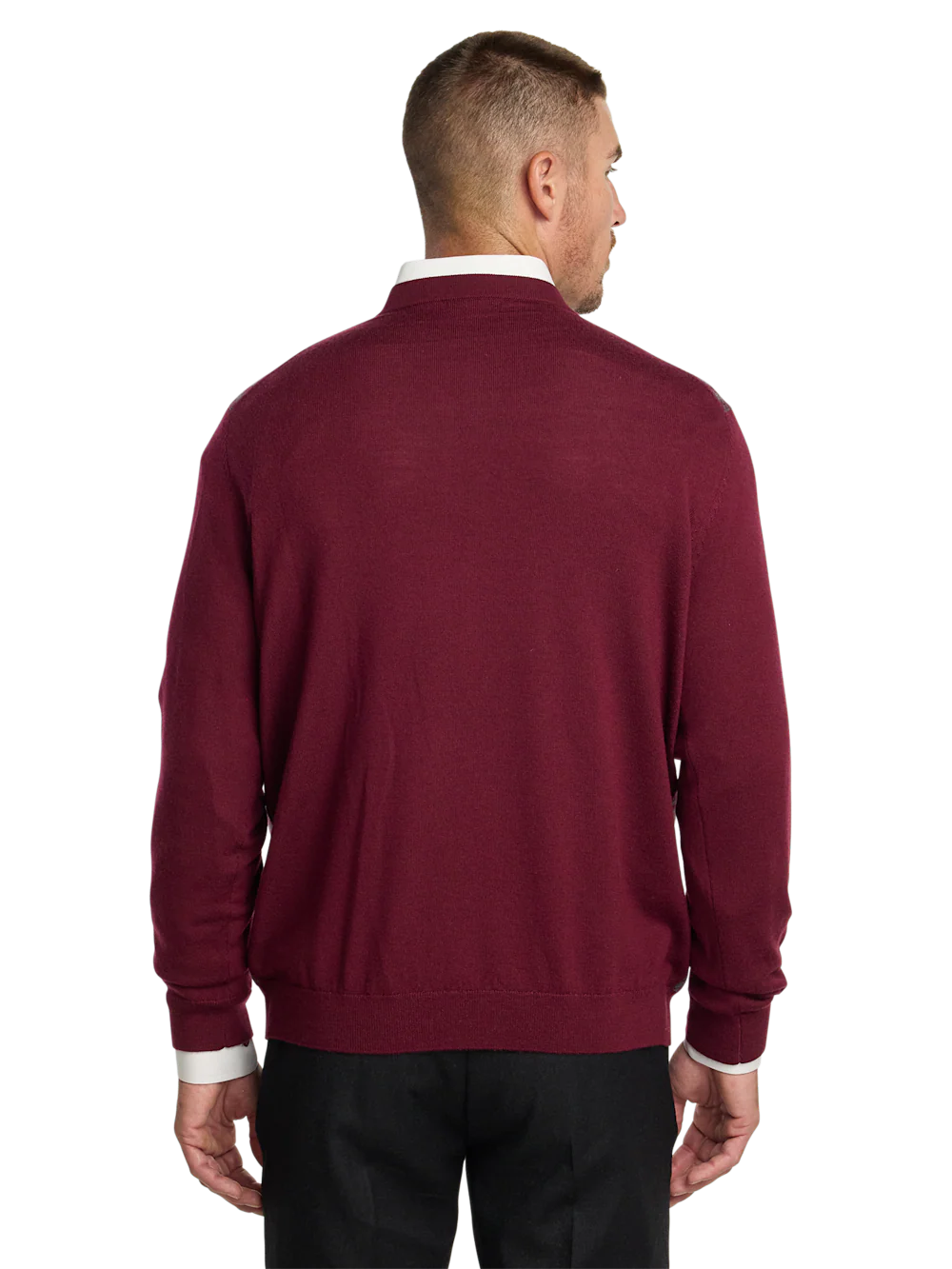 Washable Merino Wool Houndstooth V-neck Sweater - Burgundy - Image 5