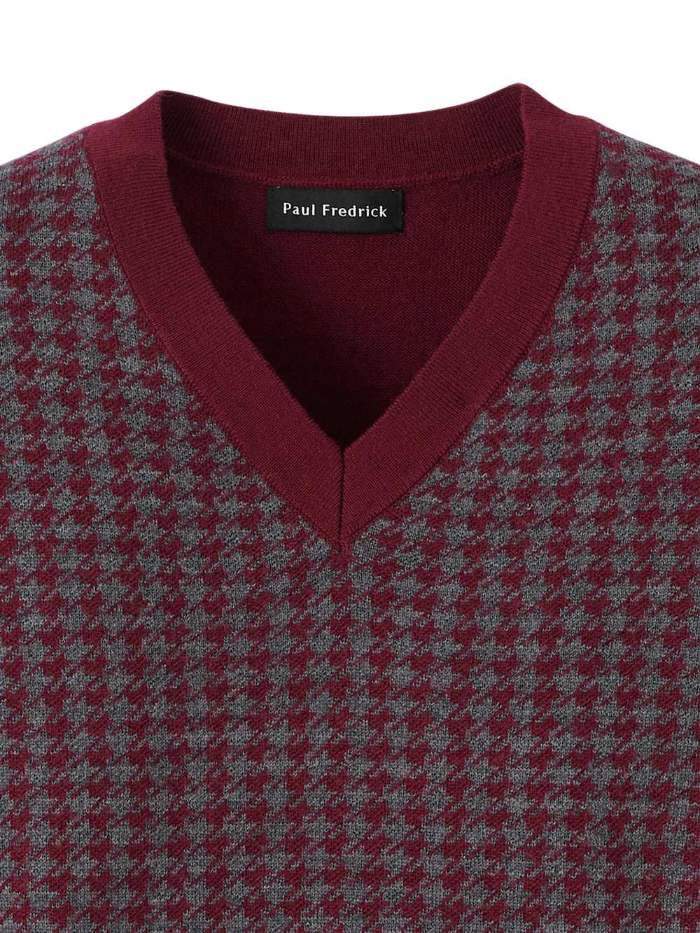 Washable Merino Wool Houndstooth V-neck Sweater - Burgundy - Image 6
