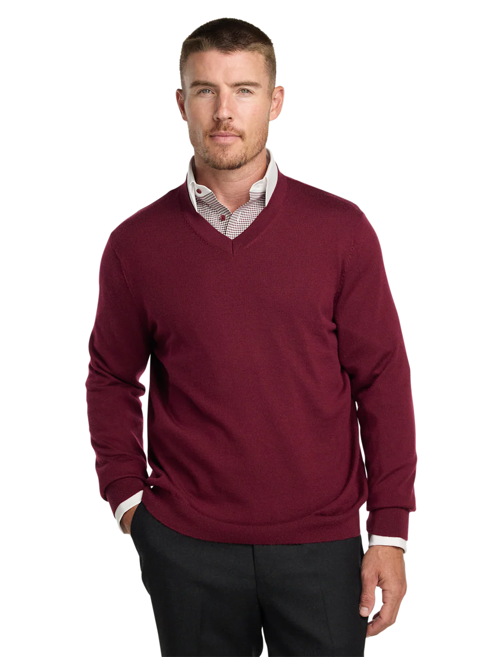 Washable Merino Wool V-neck Sweater - Burgundy - Image 2