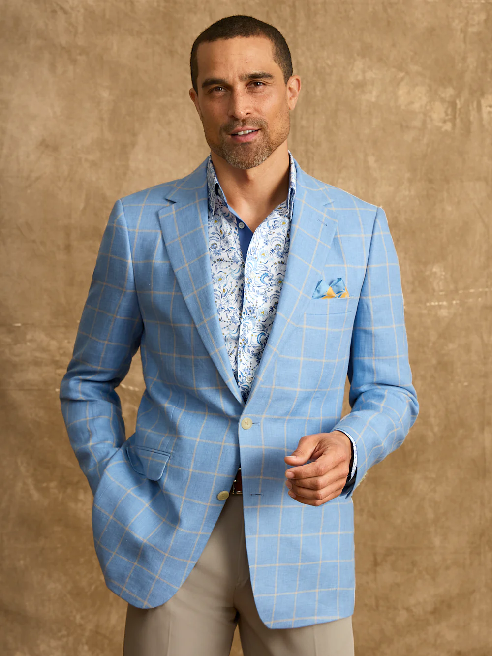 Windowpane Linen Single Breasted Notch Lapel Sport Coat - Blue/yellow - Image 9