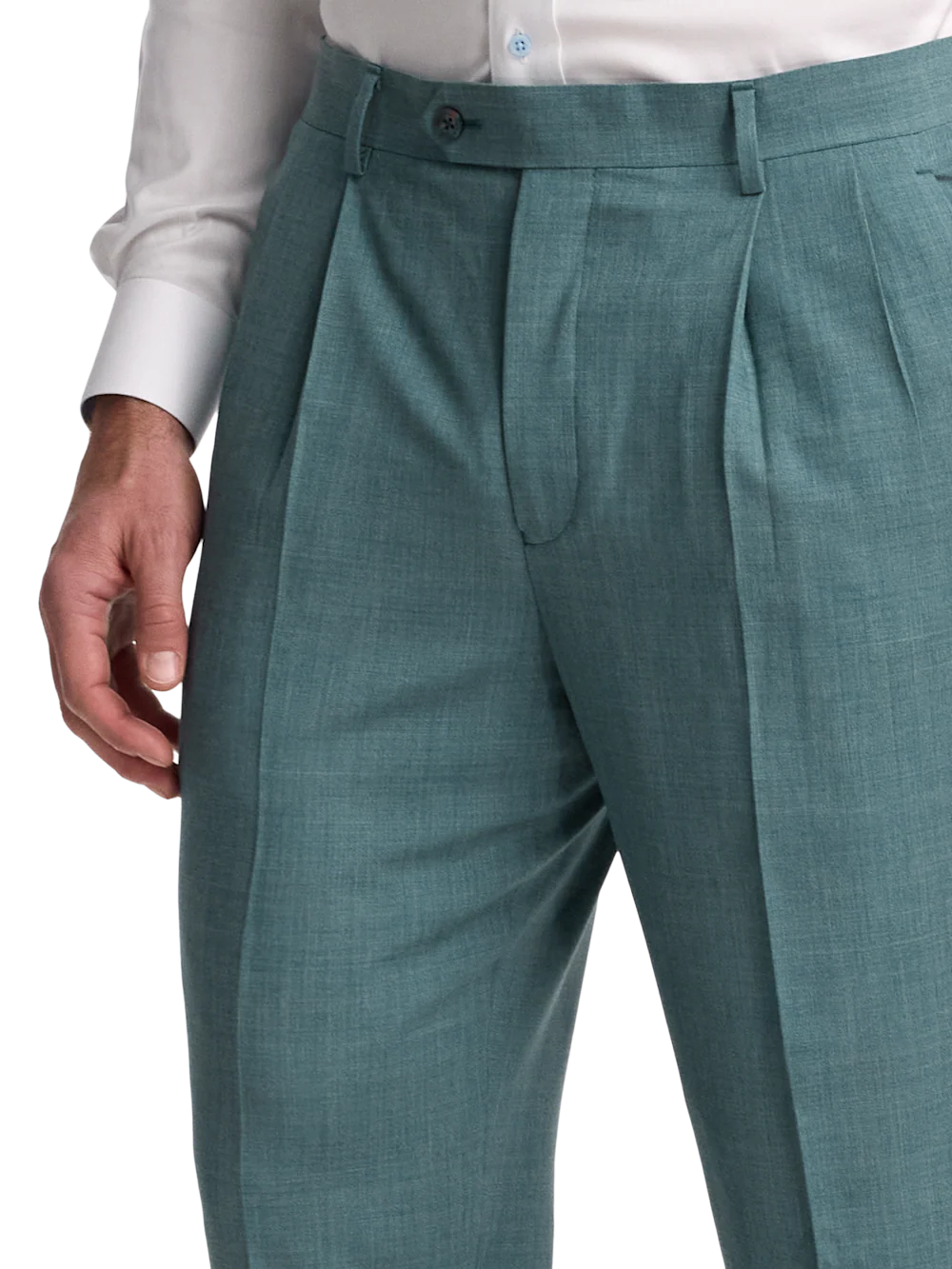 Wool Bengaline Pleated Suit Pants - Teal - Image 3