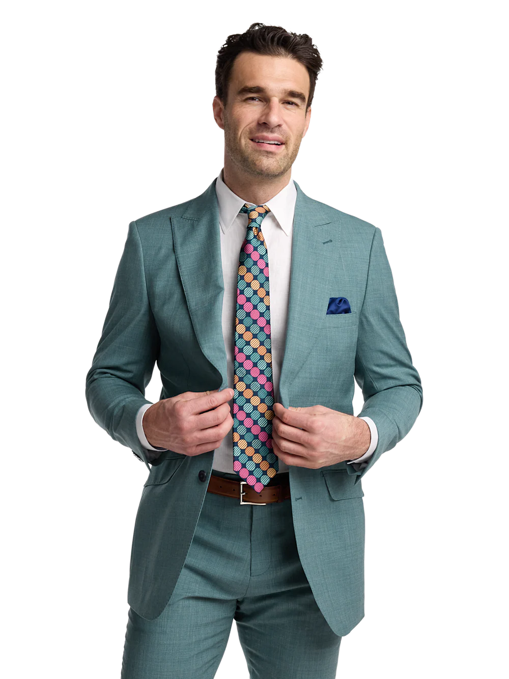 Wool Bengaline Single Breasted Peak Lapel Suit Jacket - Teal - Image 2