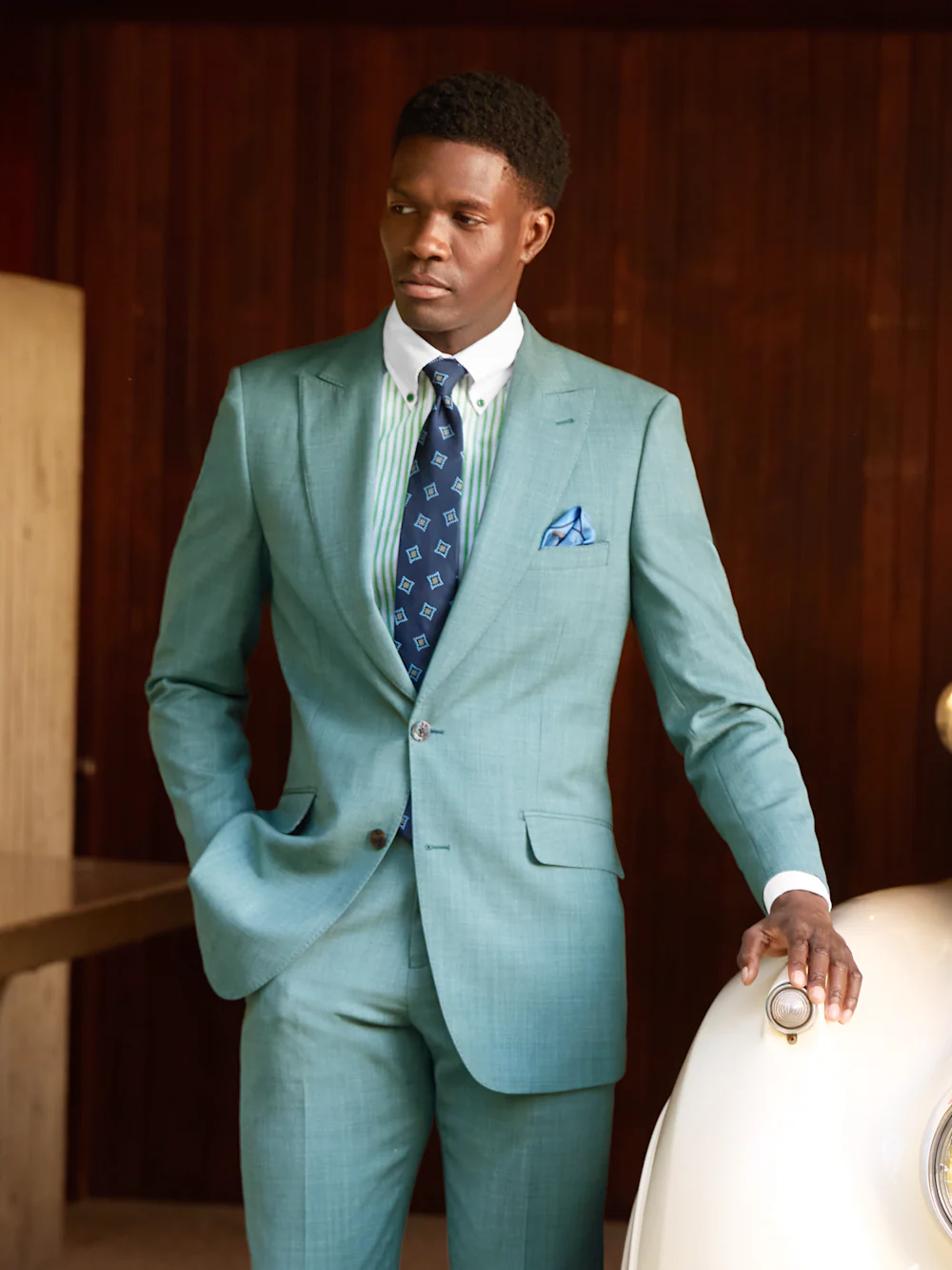 Wool Bengaline Single Breasted Peak Lapel Suit Jacket - Teal - Image 8