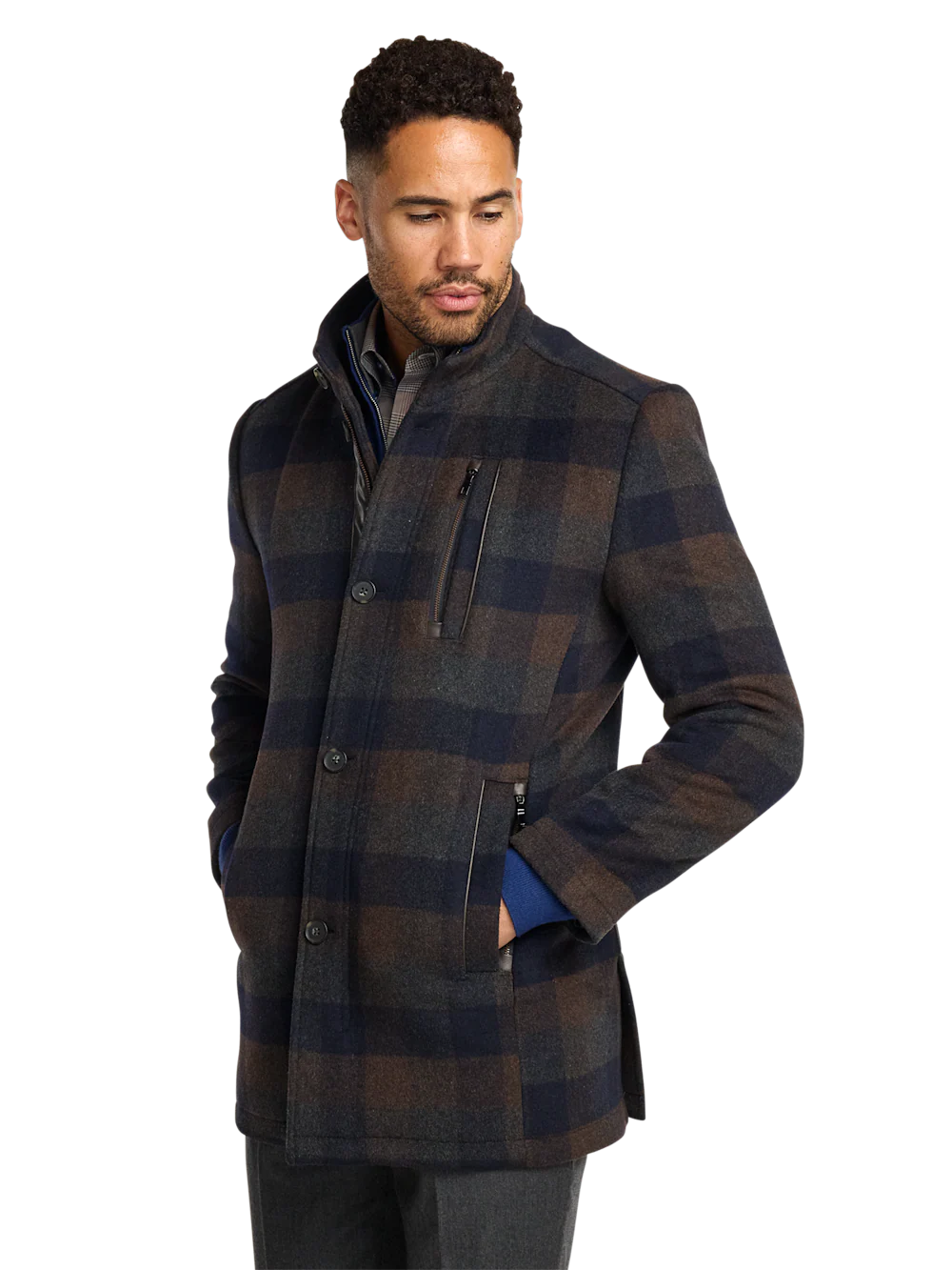 Wool Blend Buffalo Plaid Car Coat - Navy/brown - Image 2