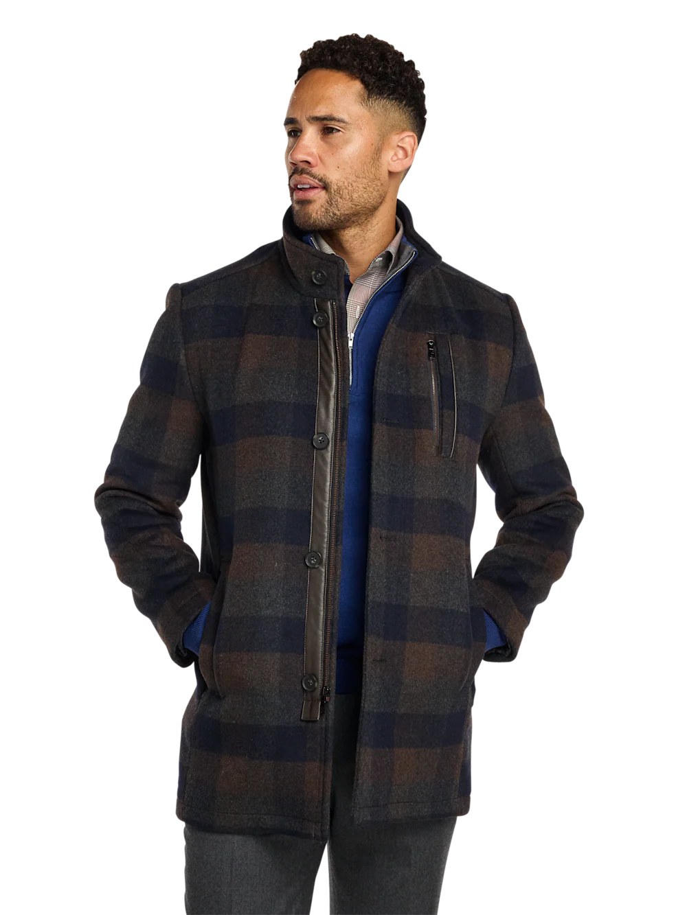 Wool Blend Buffalo Plaid Car Coat - Navy/brown - Image 3