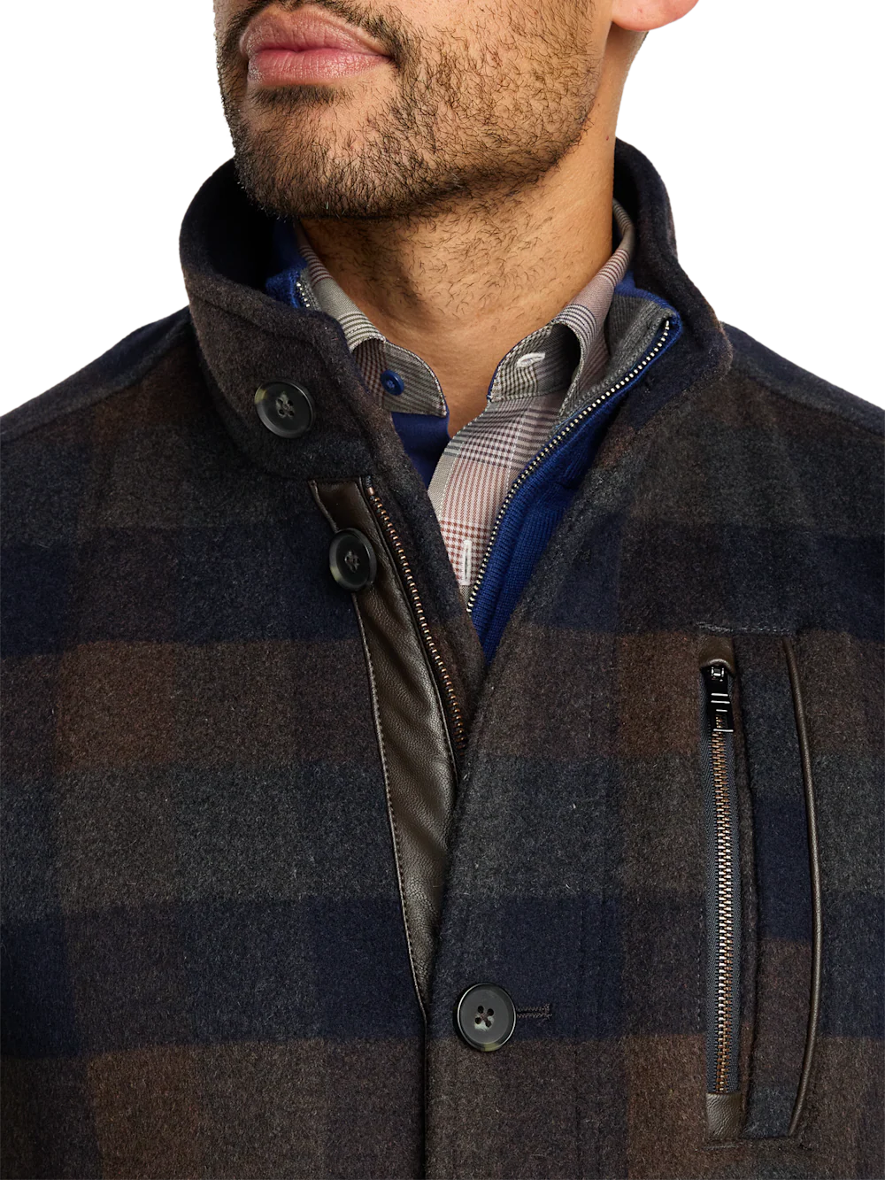 Wool Blend Buffalo Plaid Car Coat - Navy/brown - Image 6