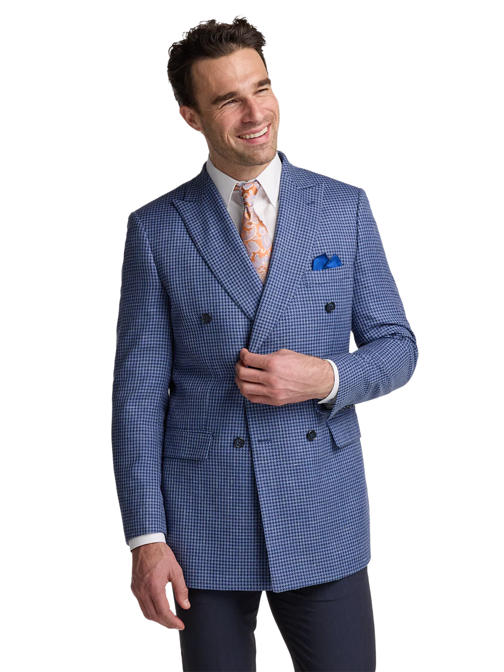 Wool Blend Houndstooth Double Breasted Peak Lapel Sport Coat - Blue Houndstooth - Image 2