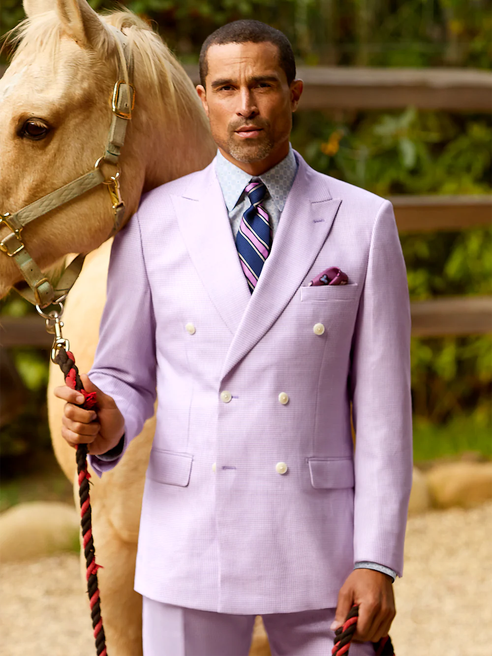 Wool Blend Houndstooth Double Breasted Peak Lapel Suit - Purple - Image 10