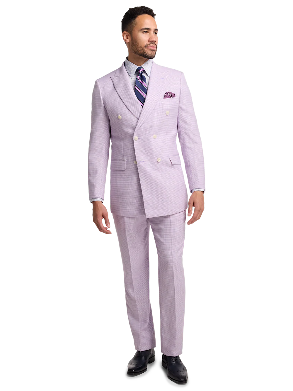 Wool Blend Houndstooth Double Breasted Peak Lapel Suit - Purple - Image 2