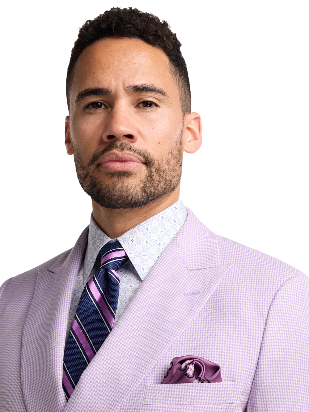 Wool Blend Houndstooth Double Breasted Peak Lapel Suit - Purple - Image 3