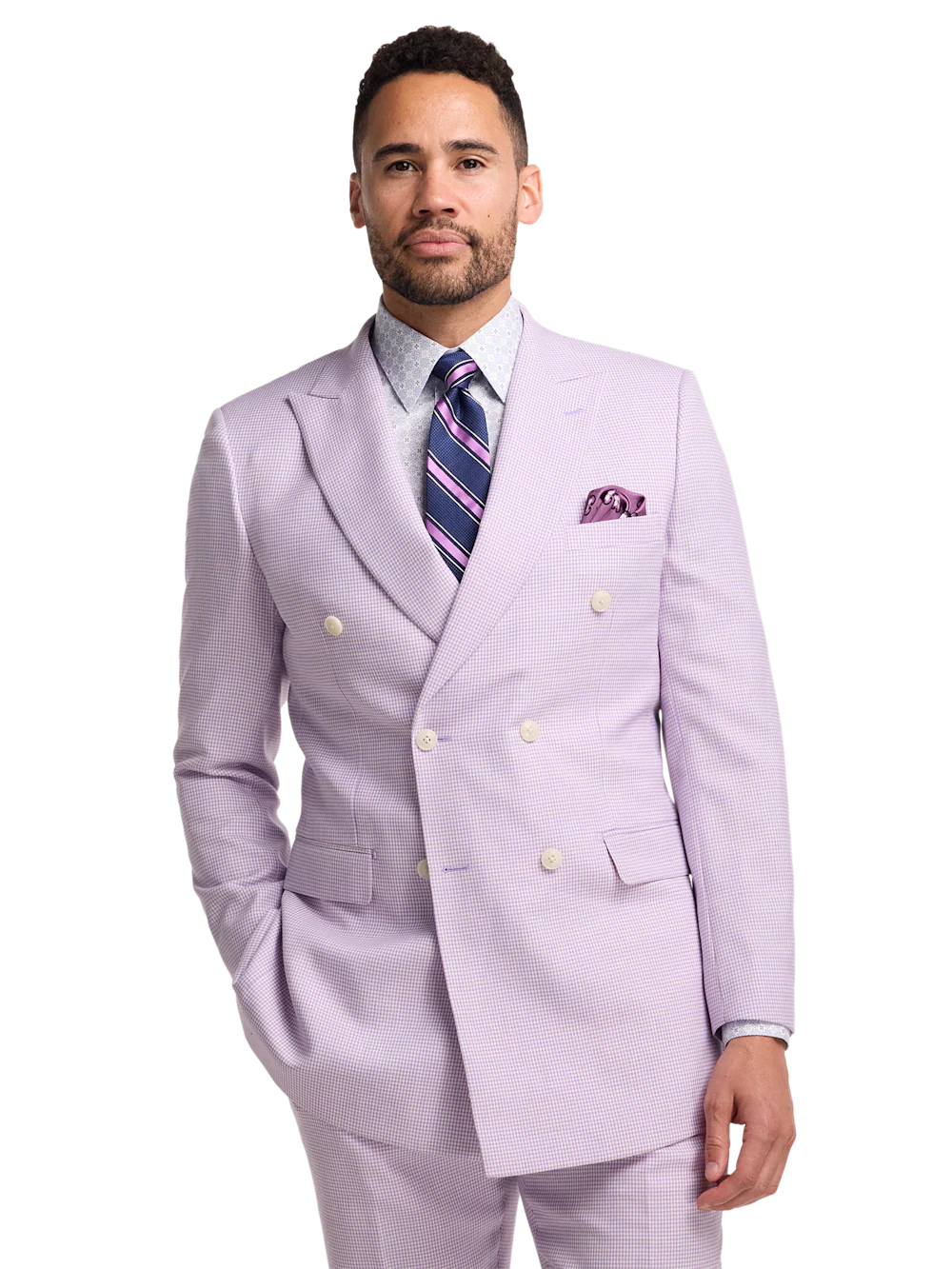 Wool Blend Houndstooth Double Breasted Peak Lapel Suit Jacket - Purple - Image 2