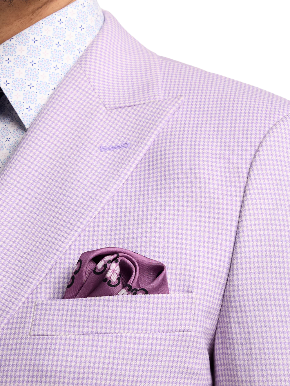 Wool Blend Houndstooth Double Breasted Peak Lapel Suit Jacket - Purple - Image 6