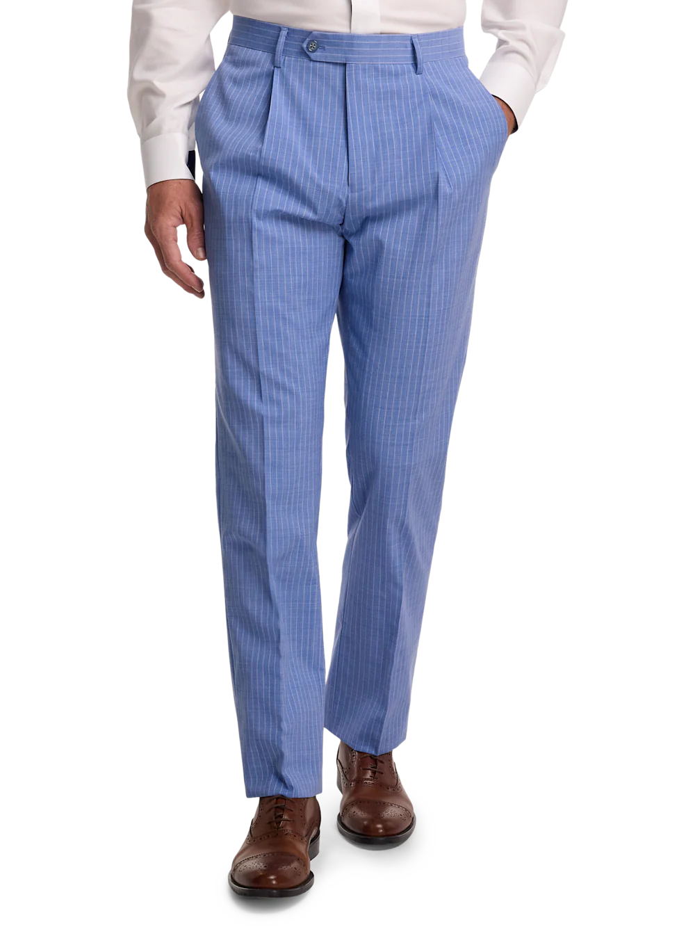 Wool Blend Pinstripe Double Breasted Peak Lapel Suit - Blue - Image 8