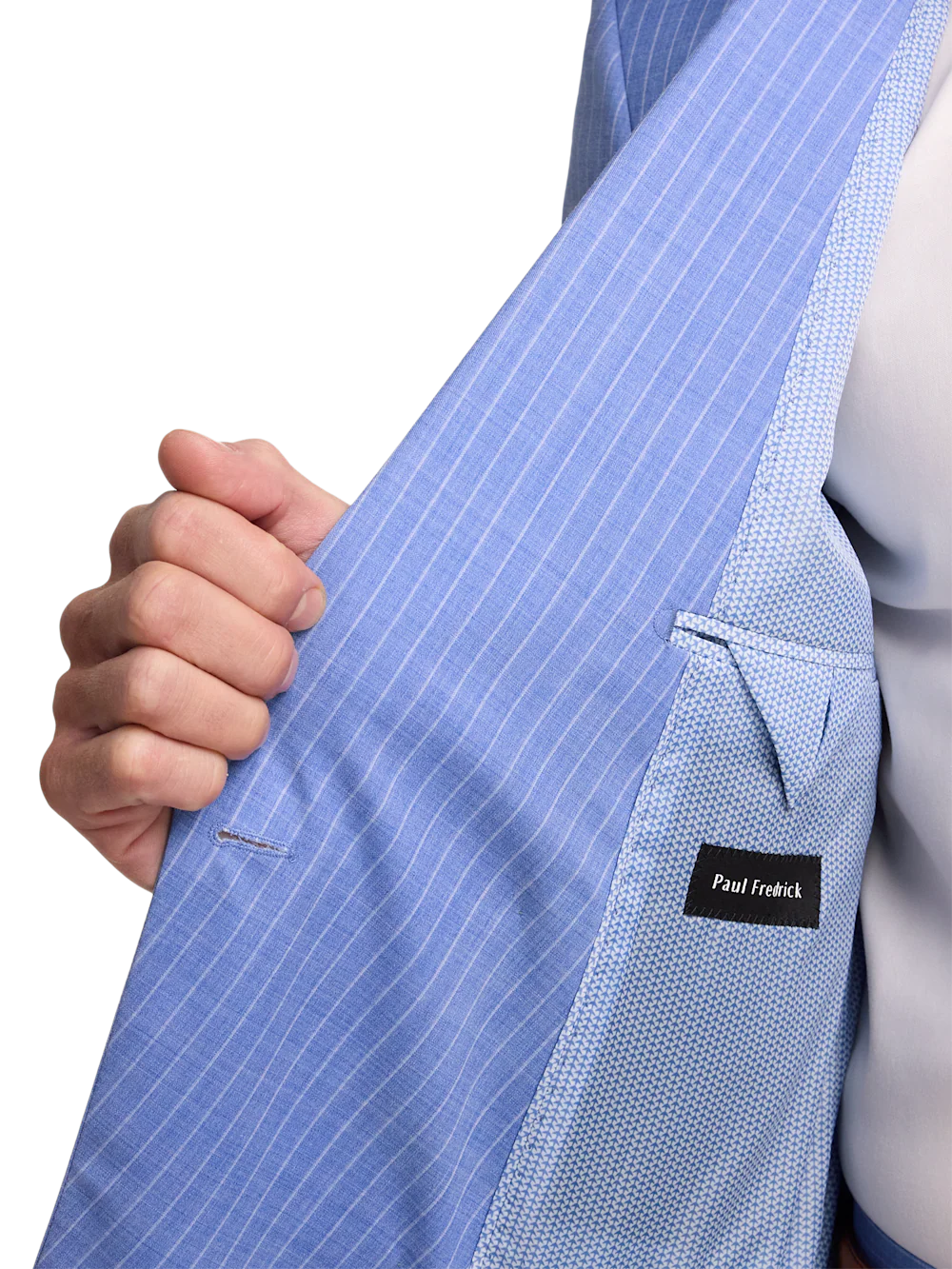 Wool Blend Pinstripe Double Breasted Peak Lapel Suit Jacket - Blue - Image 4