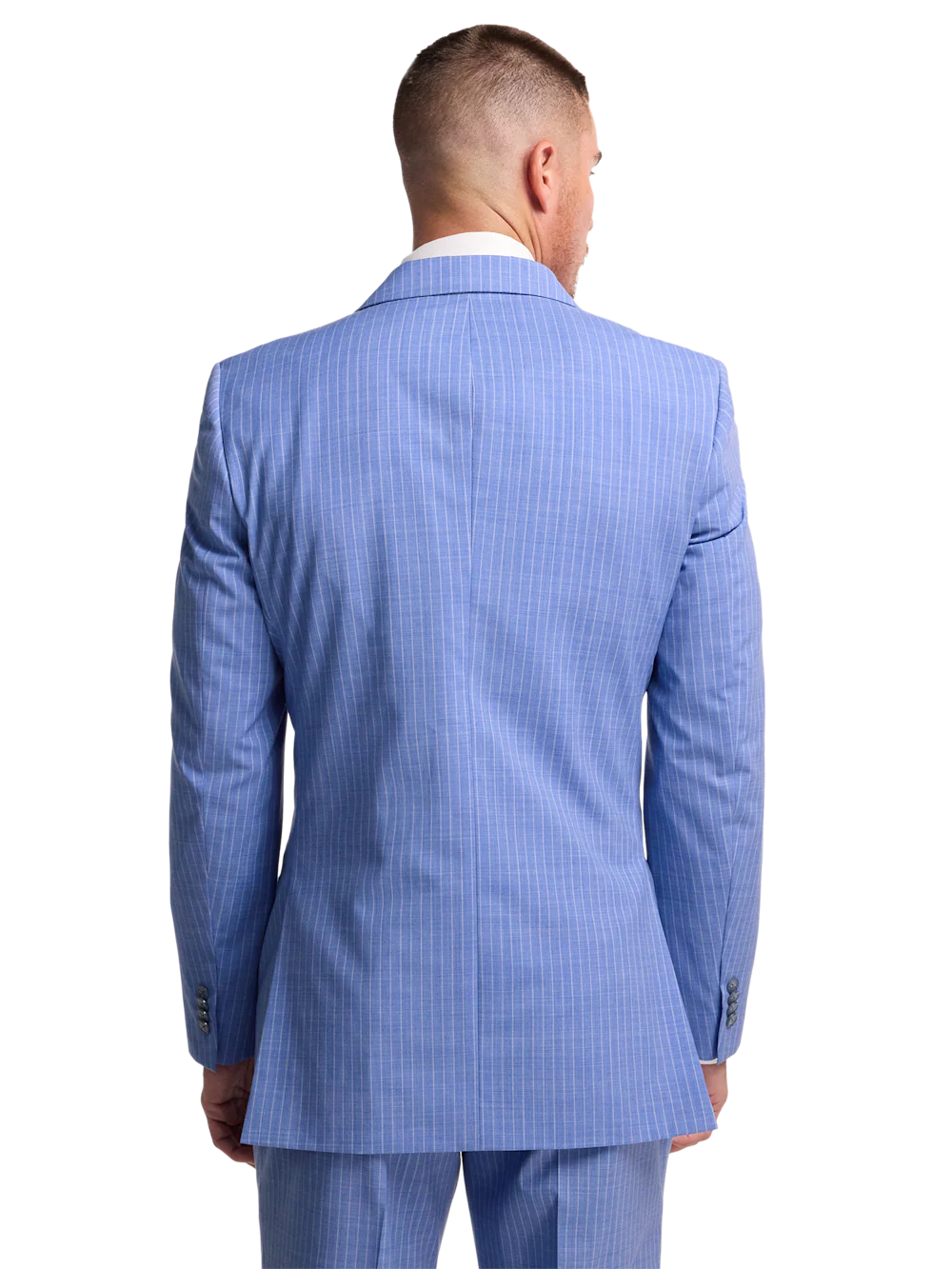 Wool Blend Pinstripe Double Breasted Peak Lapel Suit Jacket - Blue - Image 7