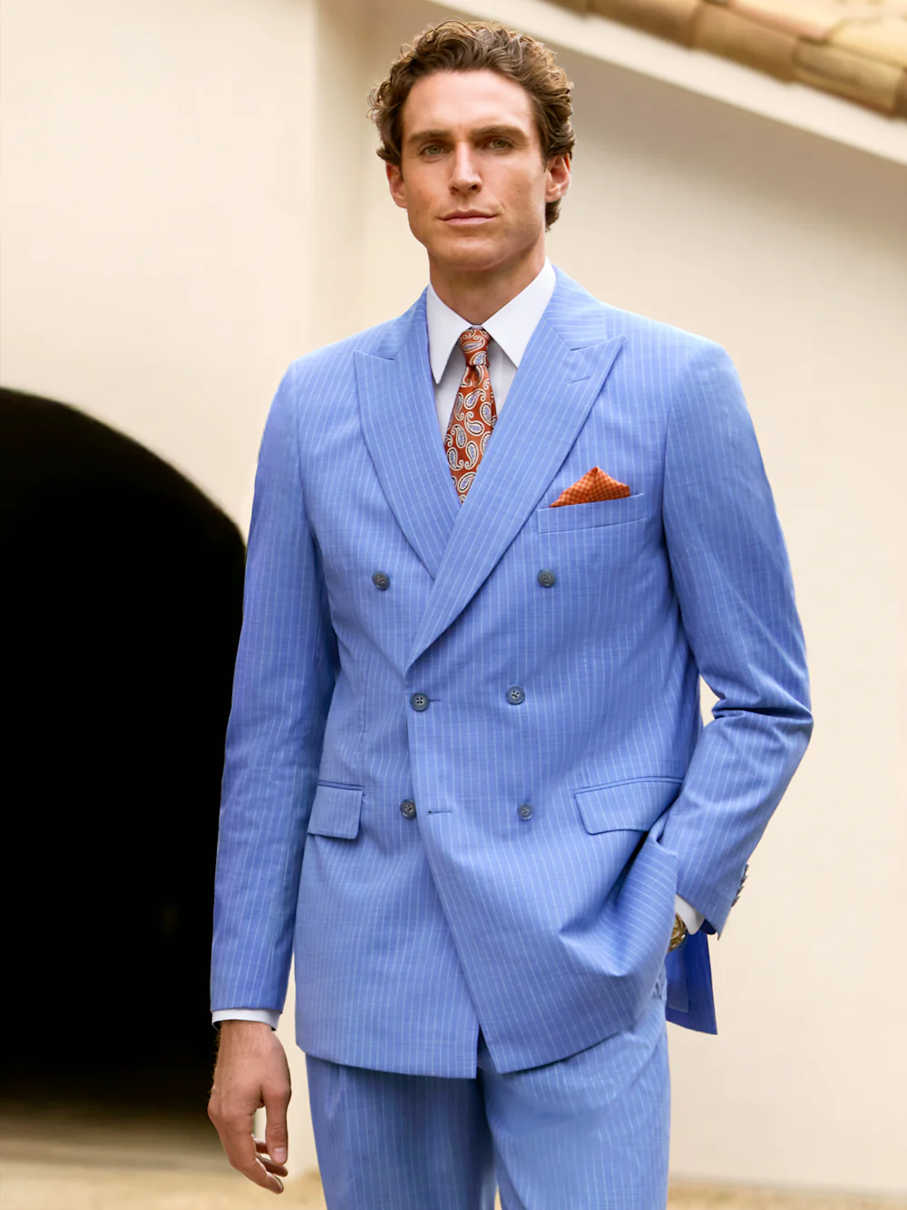 Wool Blend Pinstripe Double Breasted Peak Lapel Suit Jacket - Blue - Image 8