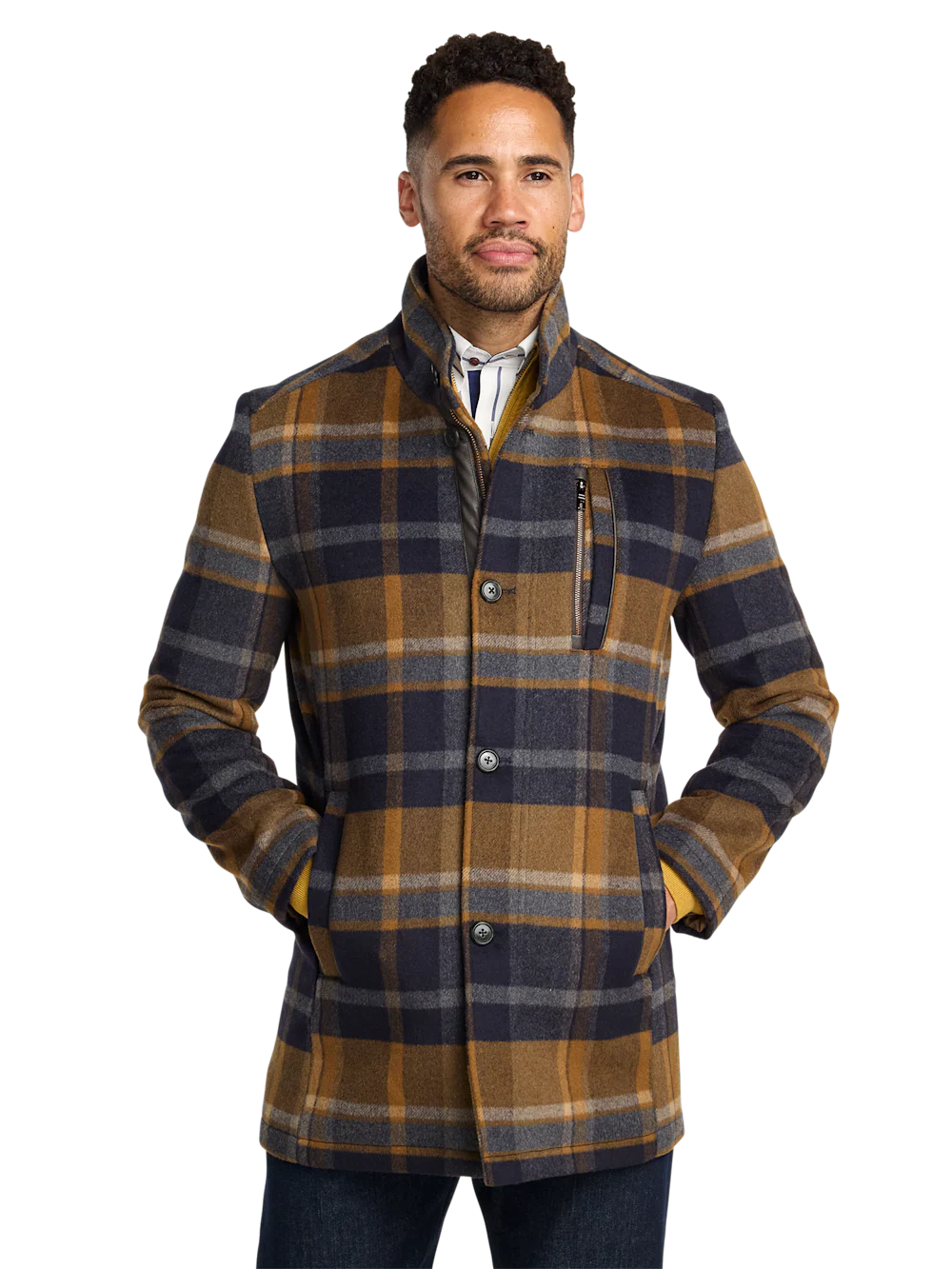 Wool Blend Plaid Carcoat - Tan/blue - Image 2