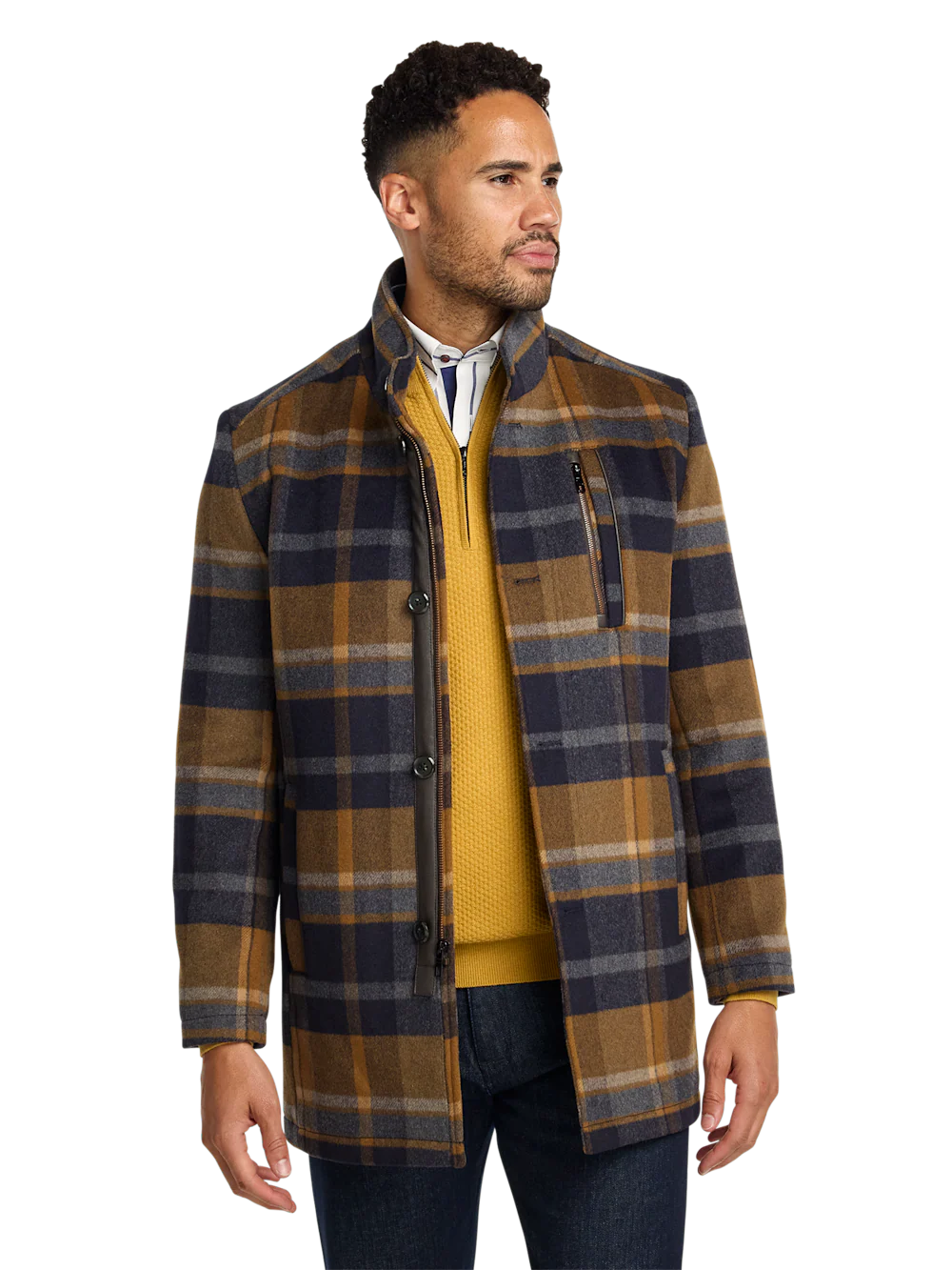 Wool Blend Plaid Carcoat - Tan/blue - Image 3