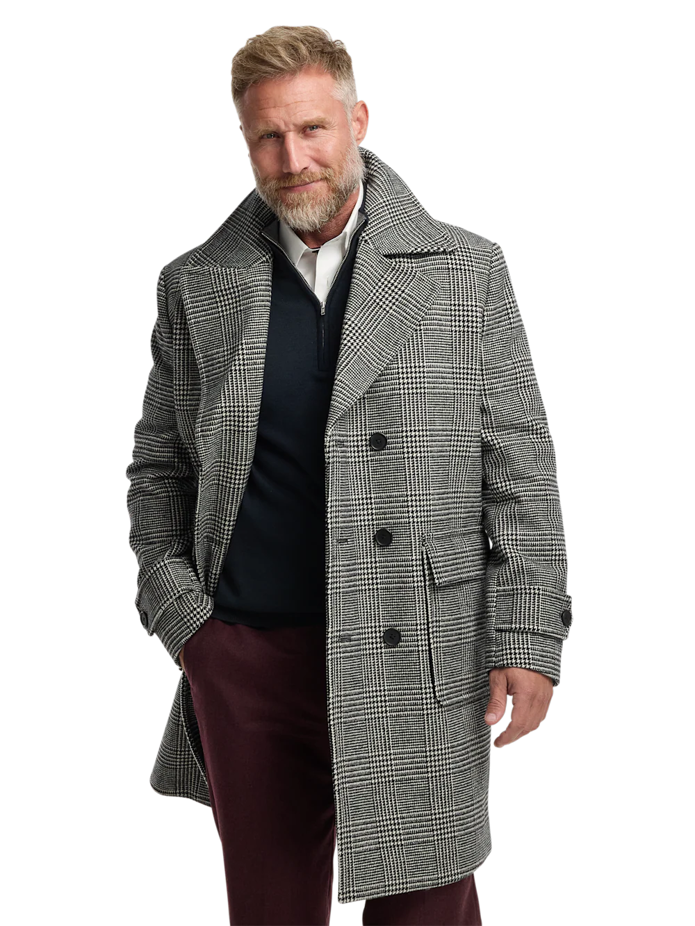 Wool Blend Plaid Double Breasted Topcoat - Black/white - Image 3