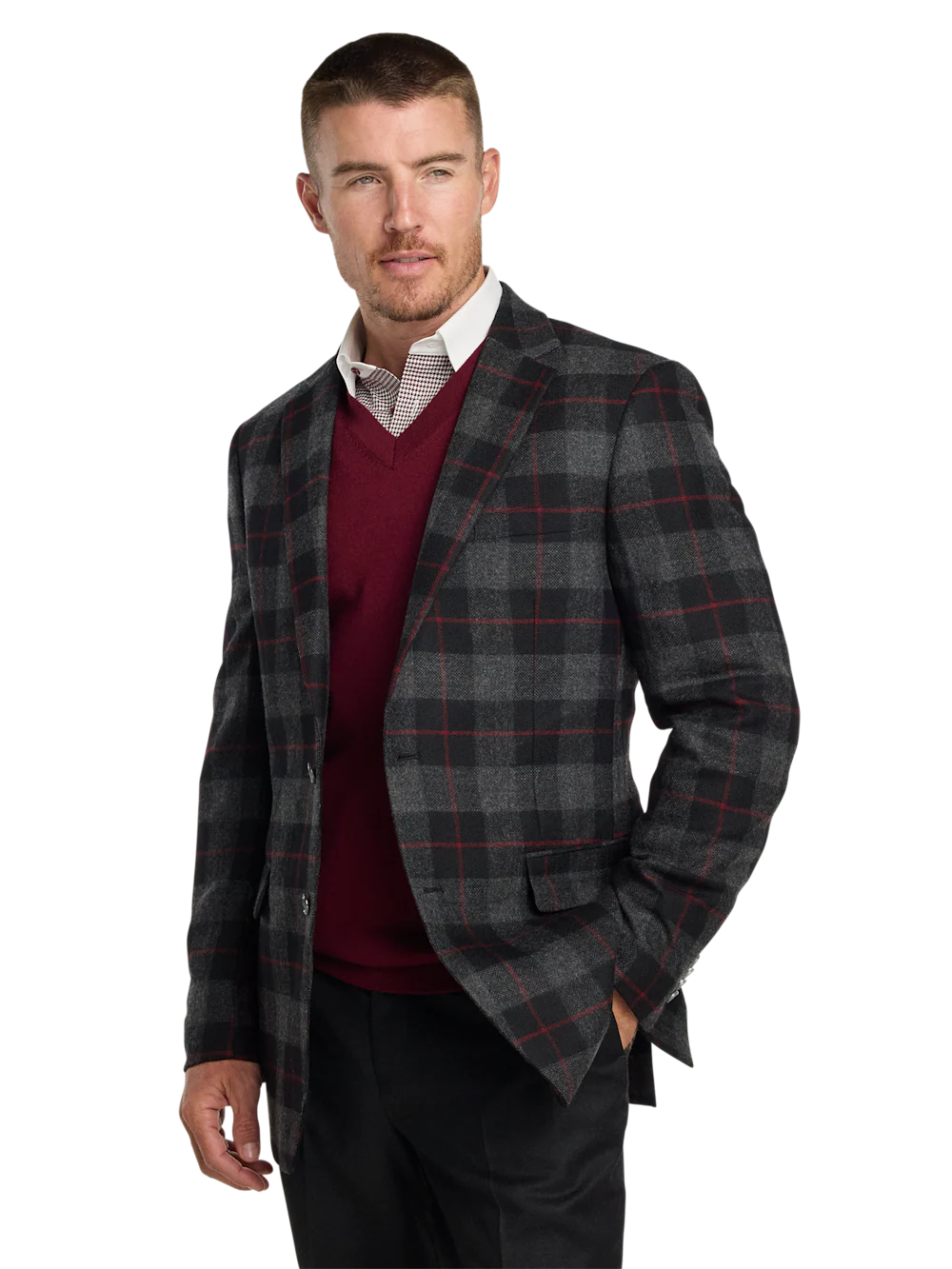 Wool Blend Plaid Single Breasted Notch Lapel Sport Coat - Black/grey - Image 3