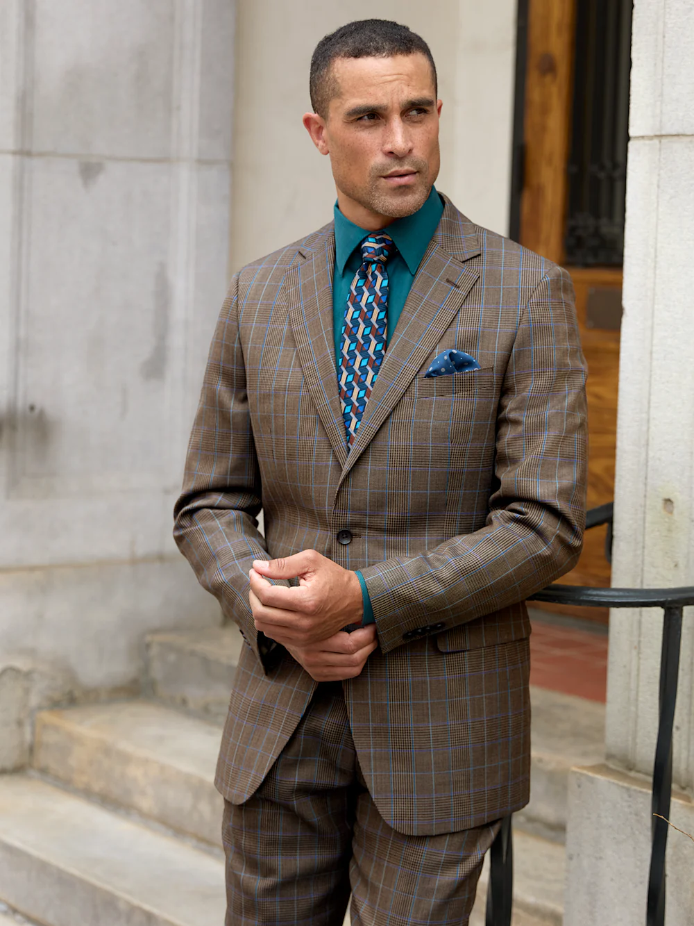 Wool Blend Plaid Single Breasted Notch Lapel Suit - Brown/blue - Image 10