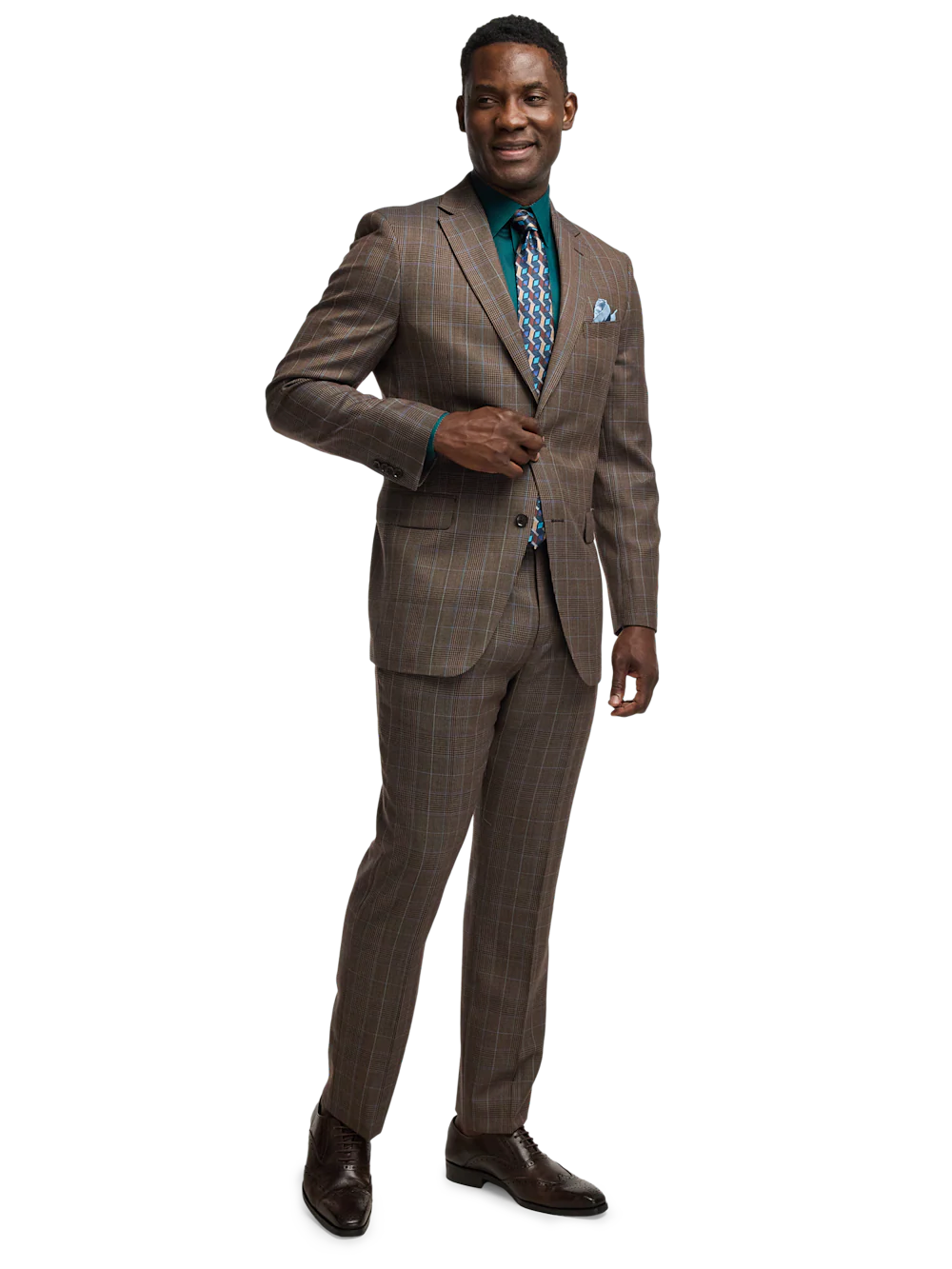 Wool Blend Plaid Single Breasted Notch Lapel Suit - Brown/blue - Image 2