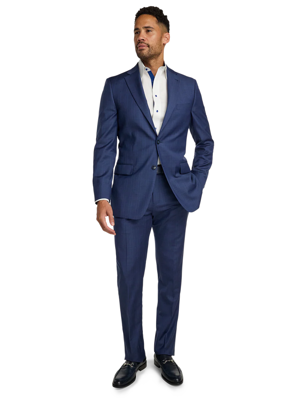 Wool Blend Plaid Single Breasted Notch Lapel Suit - Blue - Image 2