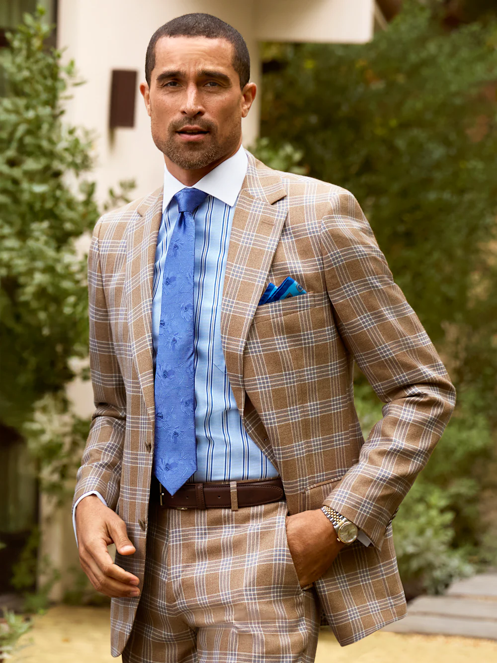 Wool Blend Plaid Single Breasted Notch Lapel Suit - Brown - Image 10